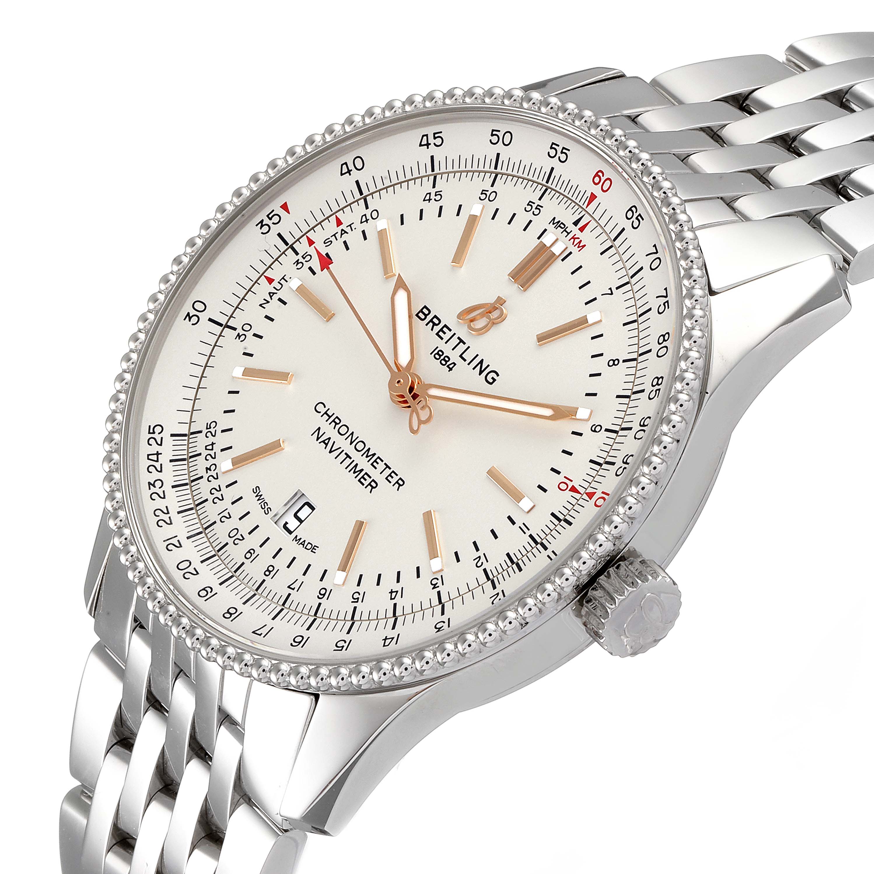 The image shows a Breitling Navitimer A17326 Men
s Stainless Steel Silver Dial A17326 Men
s Stainless Steel Silver Dial watch at an angled close-up, highlighting the face, bezel, crown, and part of the bracelet.