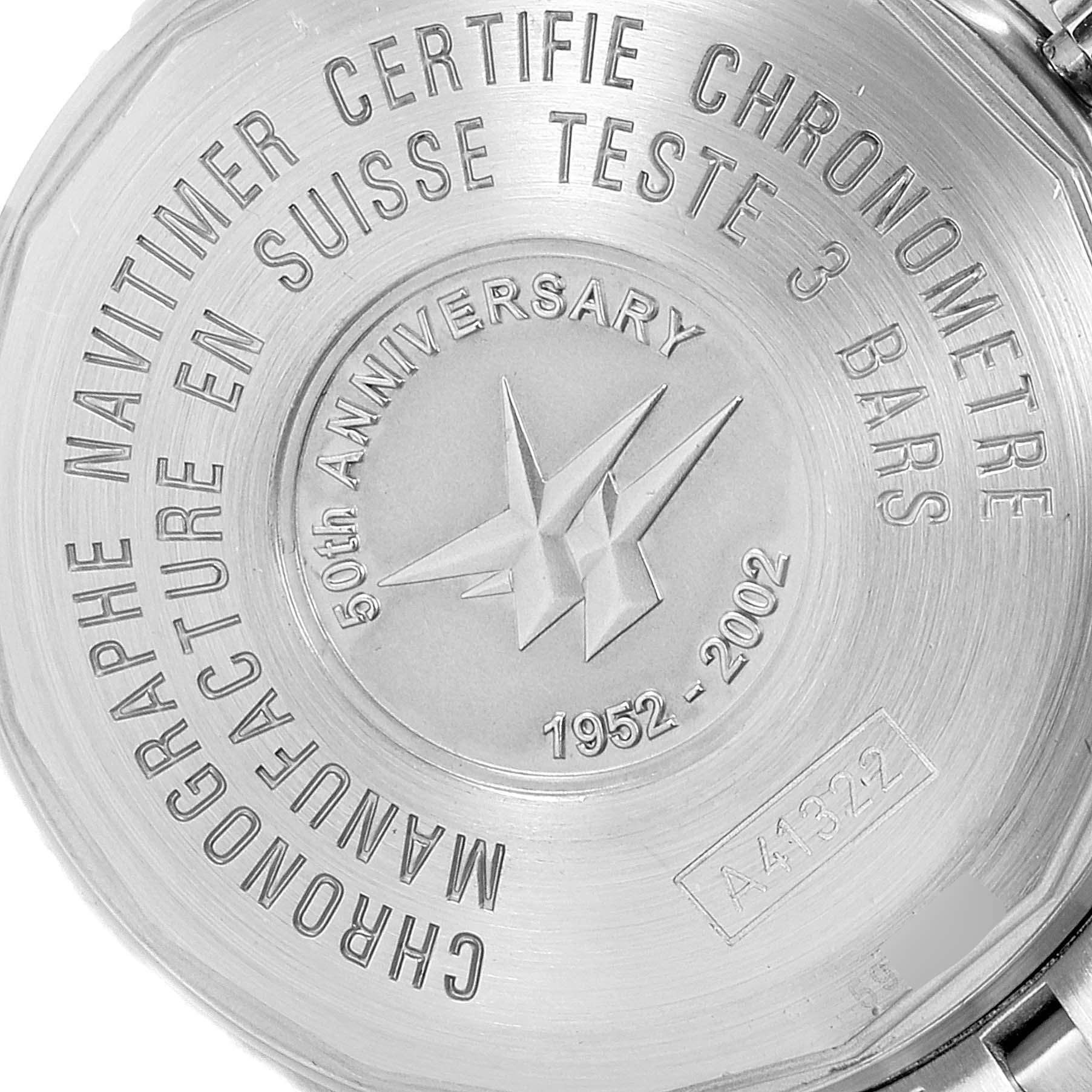 The image shows the engraved case back of a Breitling Navitimer A41322 Men
s Stainless Steel Black Dial A41322 Men
s Stainless Steel Black Dial watch, highlighting its 50th Anniversary (1952-2002).