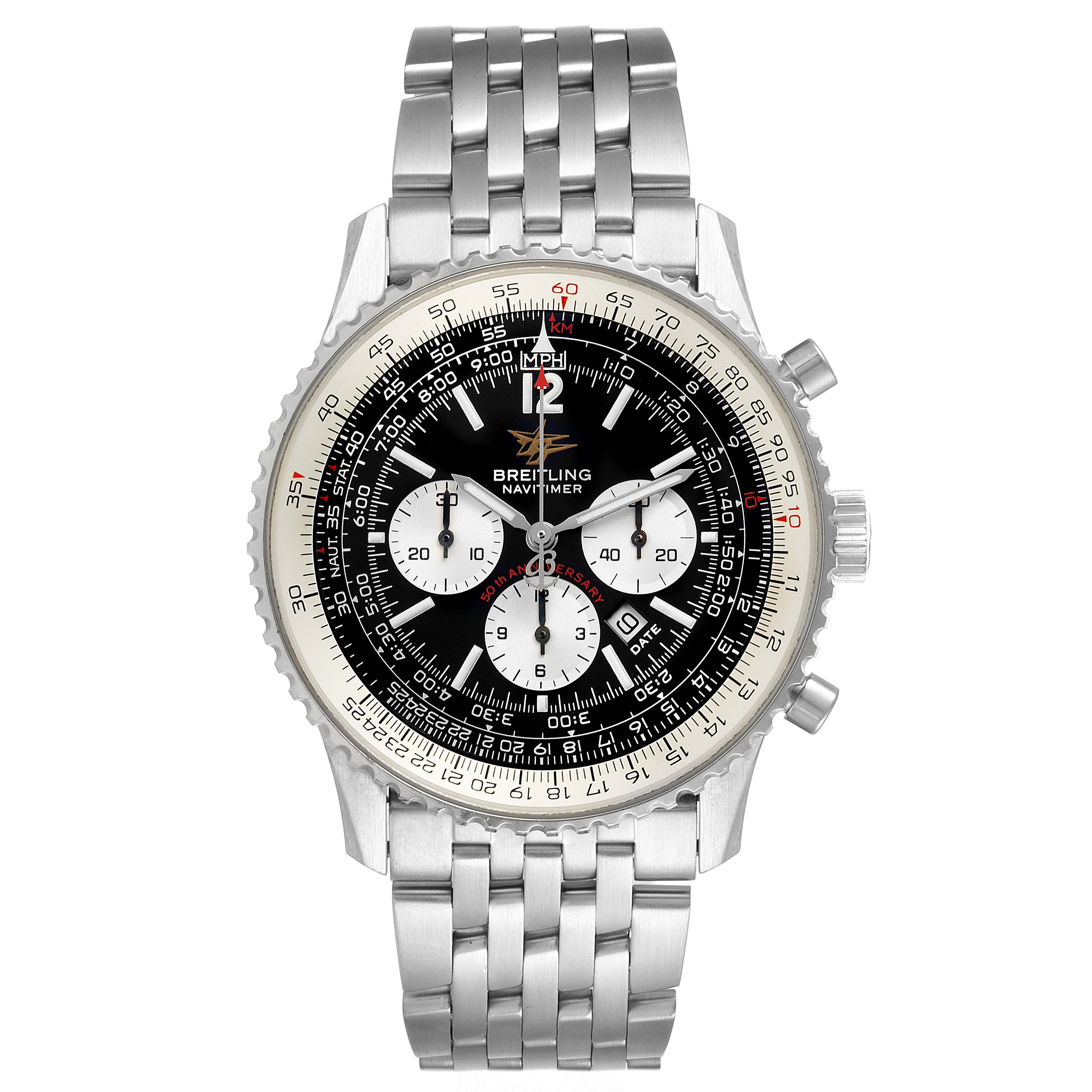 The image shows a front view of a Breitling Navitimer A41322 Men
s Stainless Steel Black Dial A41322 Men
s Stainless Steel Black Dial watch, highlighting its dial, bezel, and metal bracelet.