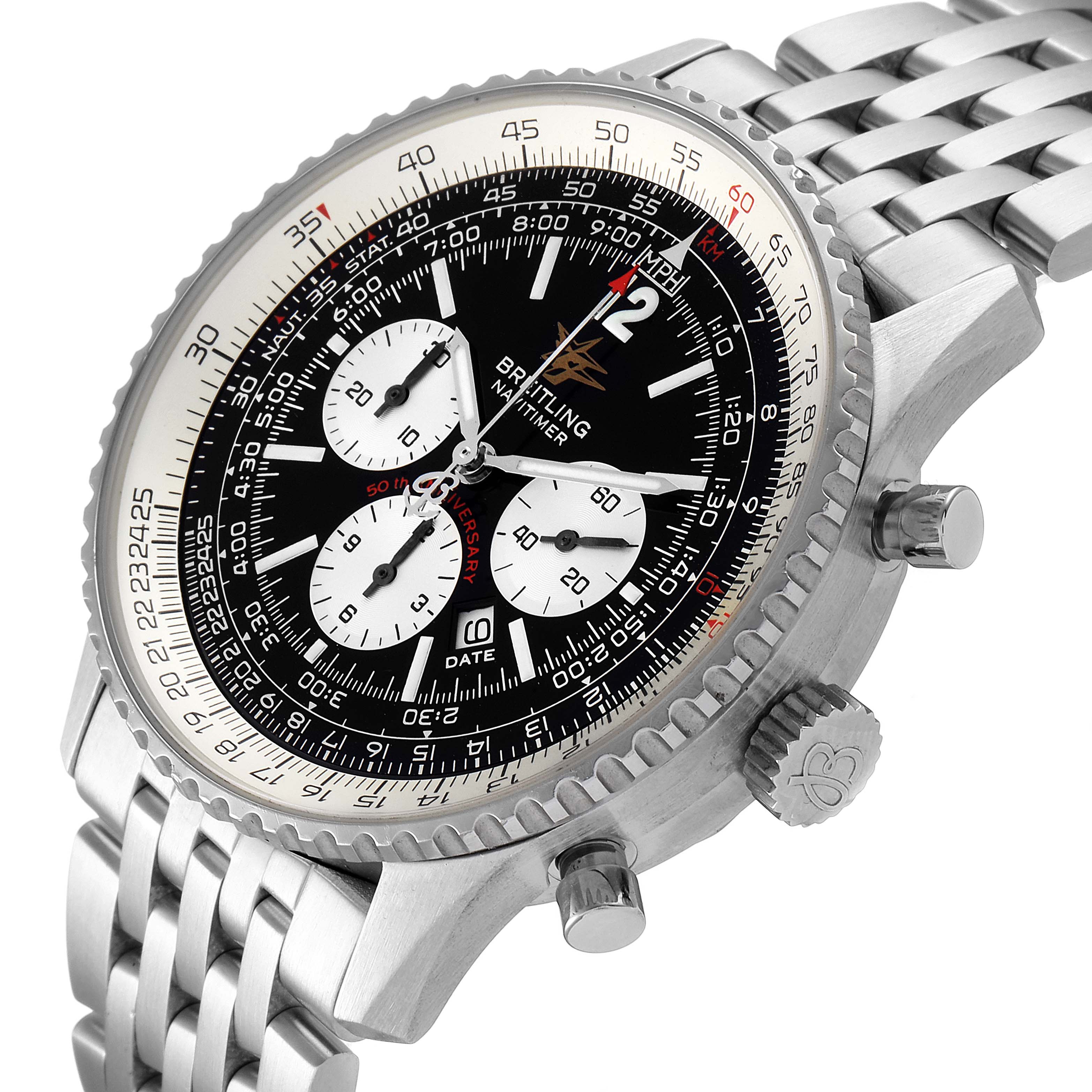 This image shows a close-up view of the Breitling Navitimer A41322 Men
s Stainless Steel Black Dial A41322 Men
s Stainless Steel Black Dial watch at an angle, featuring its dial, bezel, crown, and bracelet.