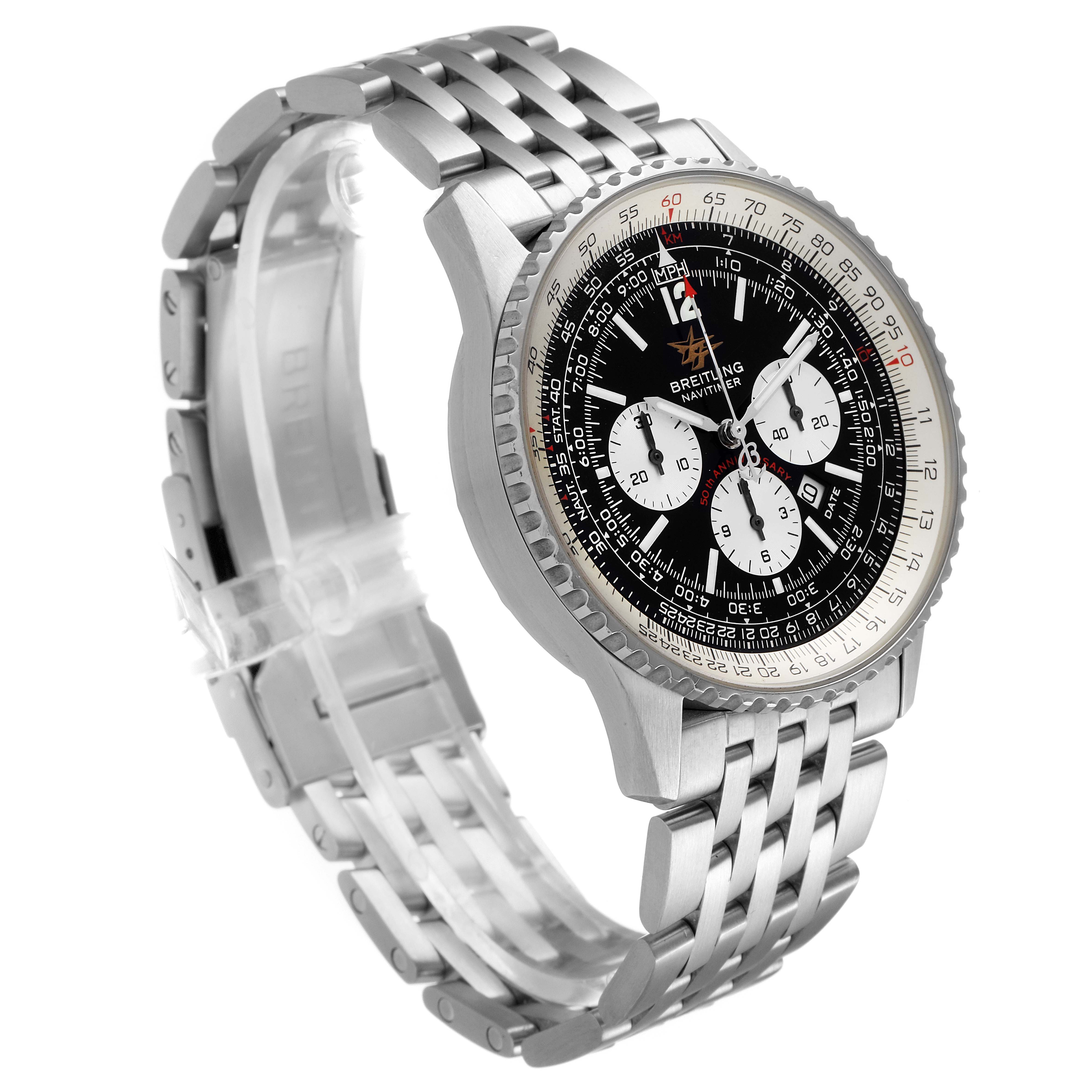 The Breitling Navitimer A41322 Men
s Stainless Steel Black Dial A41322 Men
s Stainless Steel Black Dial watch is shown at an angled perspective, showcasing its face, bezel, and metal bracelet.
