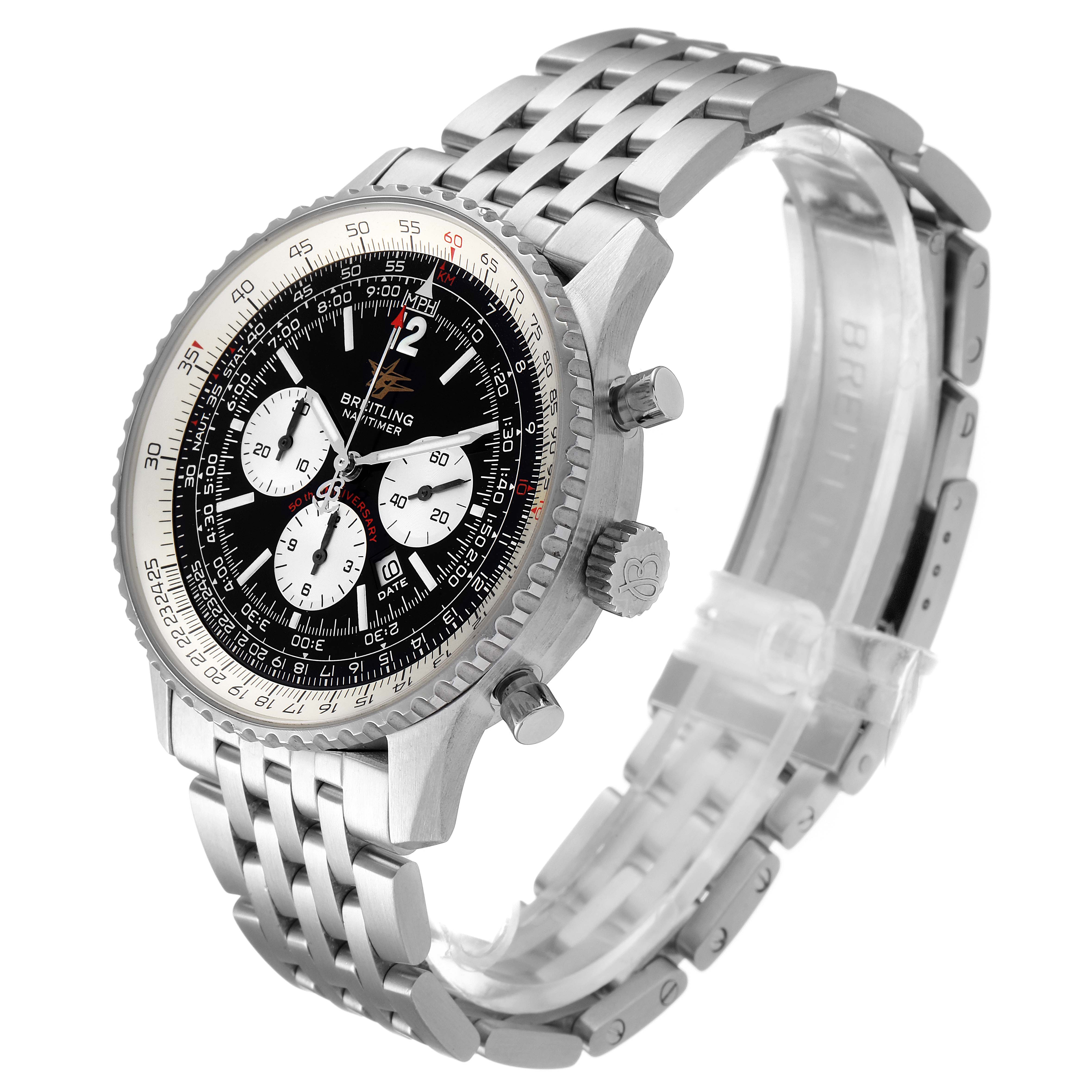 The image shows a Breitling Navitimer A41322 Men
s Stainless Steel Black Dial A41322 Men
s Stainless Steel Black Dial watch at a 3/4 angle, displaying the face, crown, pushers, and metal bracelet.