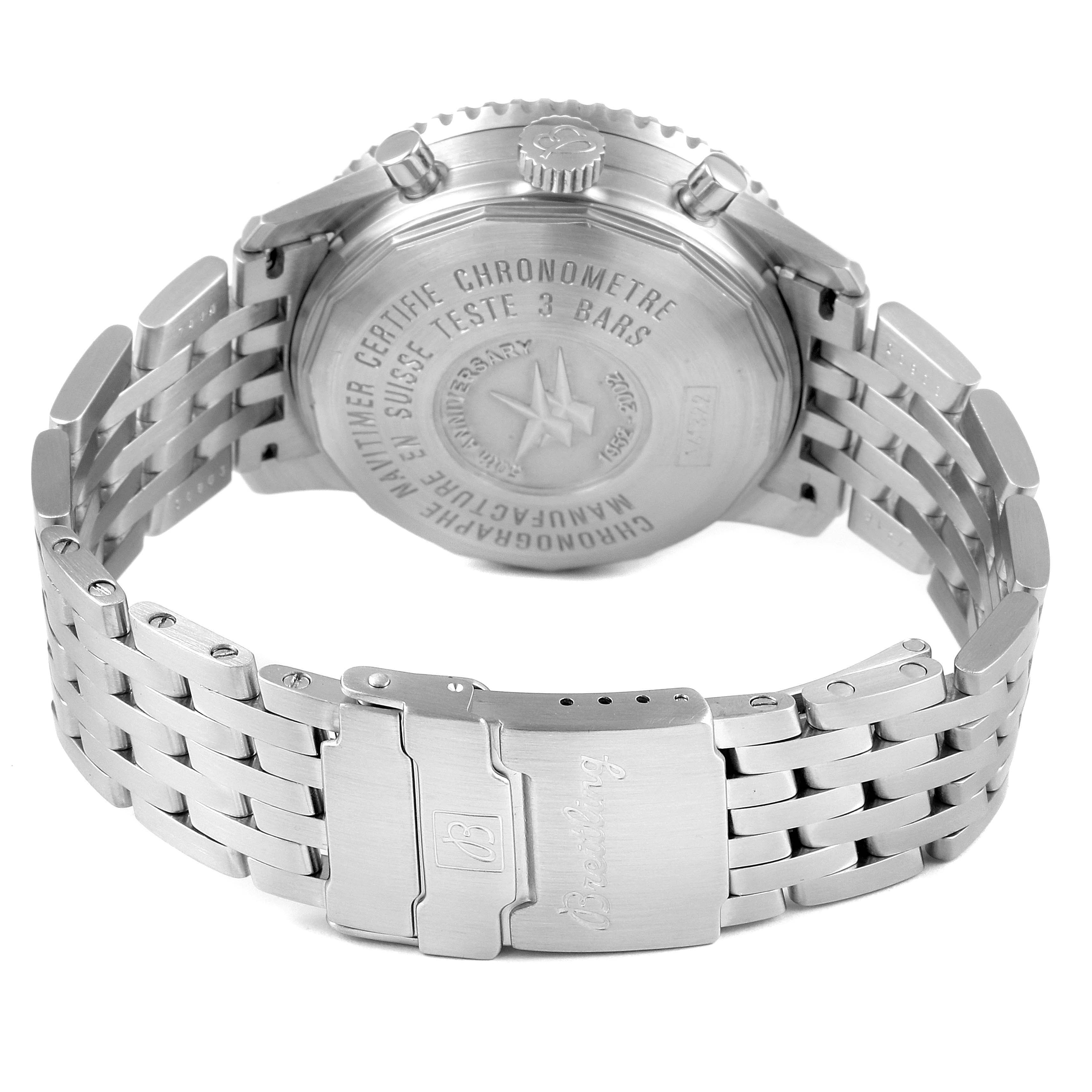 This image shows the back case and bracelet of the Breitling Navitimer A41322 Men
s Stainless Steel Black Dial A41322 Men
s Stainless Steel Black Dial watch at an angle highlighting the clasp and engraved details.