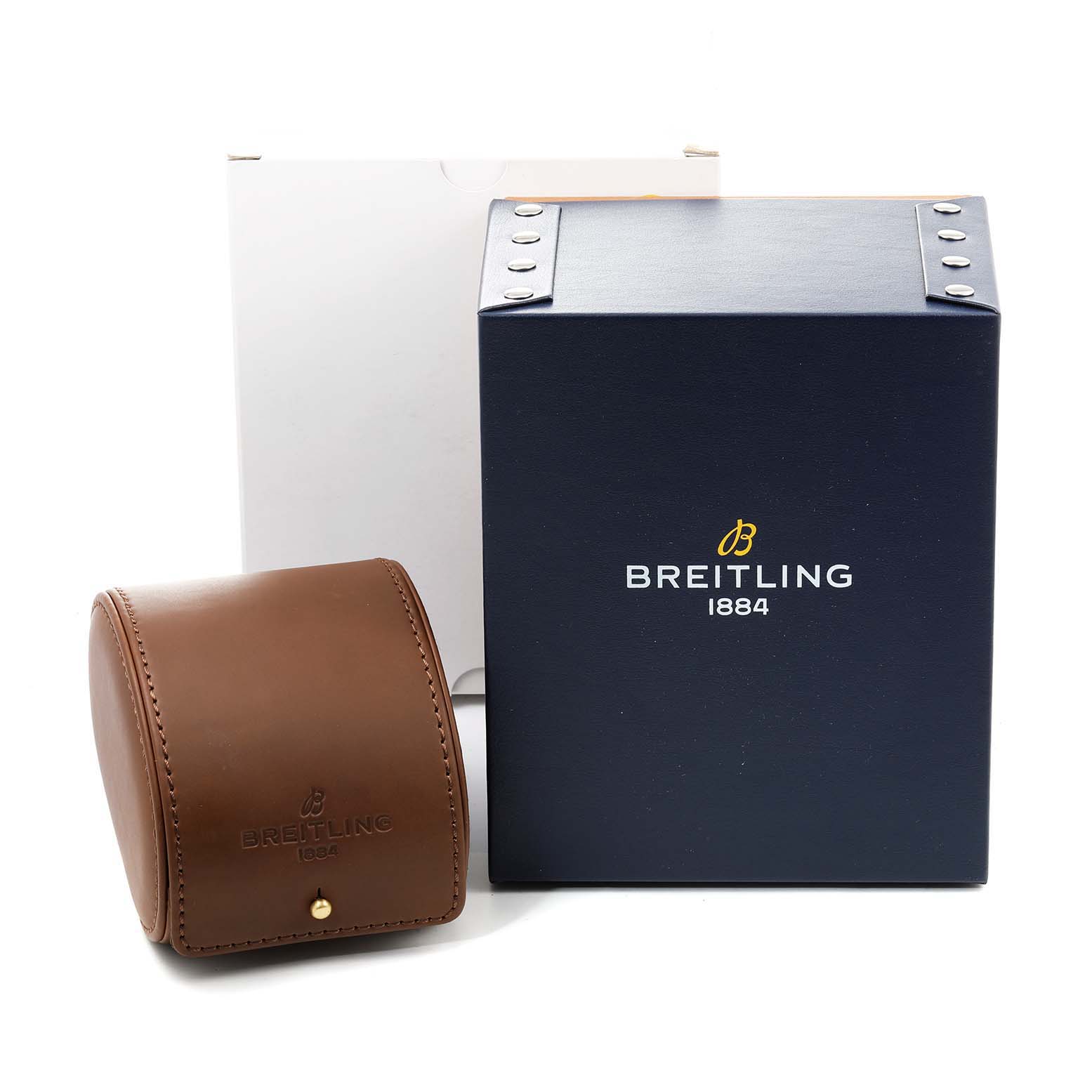 The image shows the packaging for a Breitling Superocean A17320 Men
s Stainless Steel Black Dial A17320 Men
s Stainless Steel Black Dial, including the branded box and leather watch case from a front-facing angle.