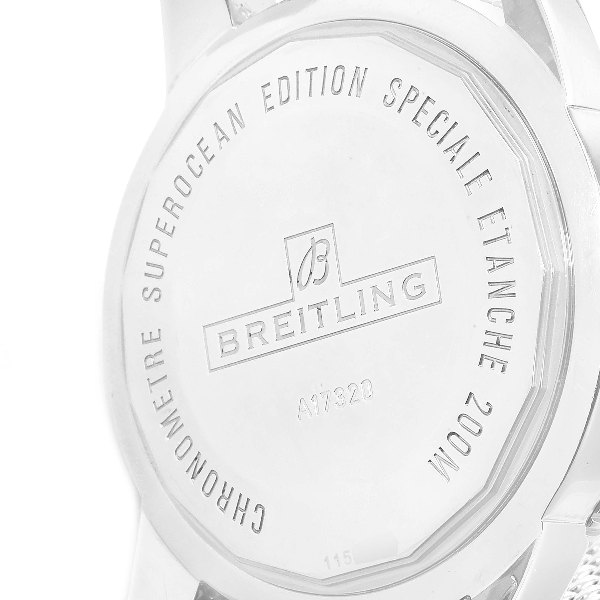 This image shows the case back of the Breitling Superocean A17320 Men
s Stainless Steel Black Dial A17320 Men
s Stainless Steel Black Dial model watch, highlighting the engravings and branding.