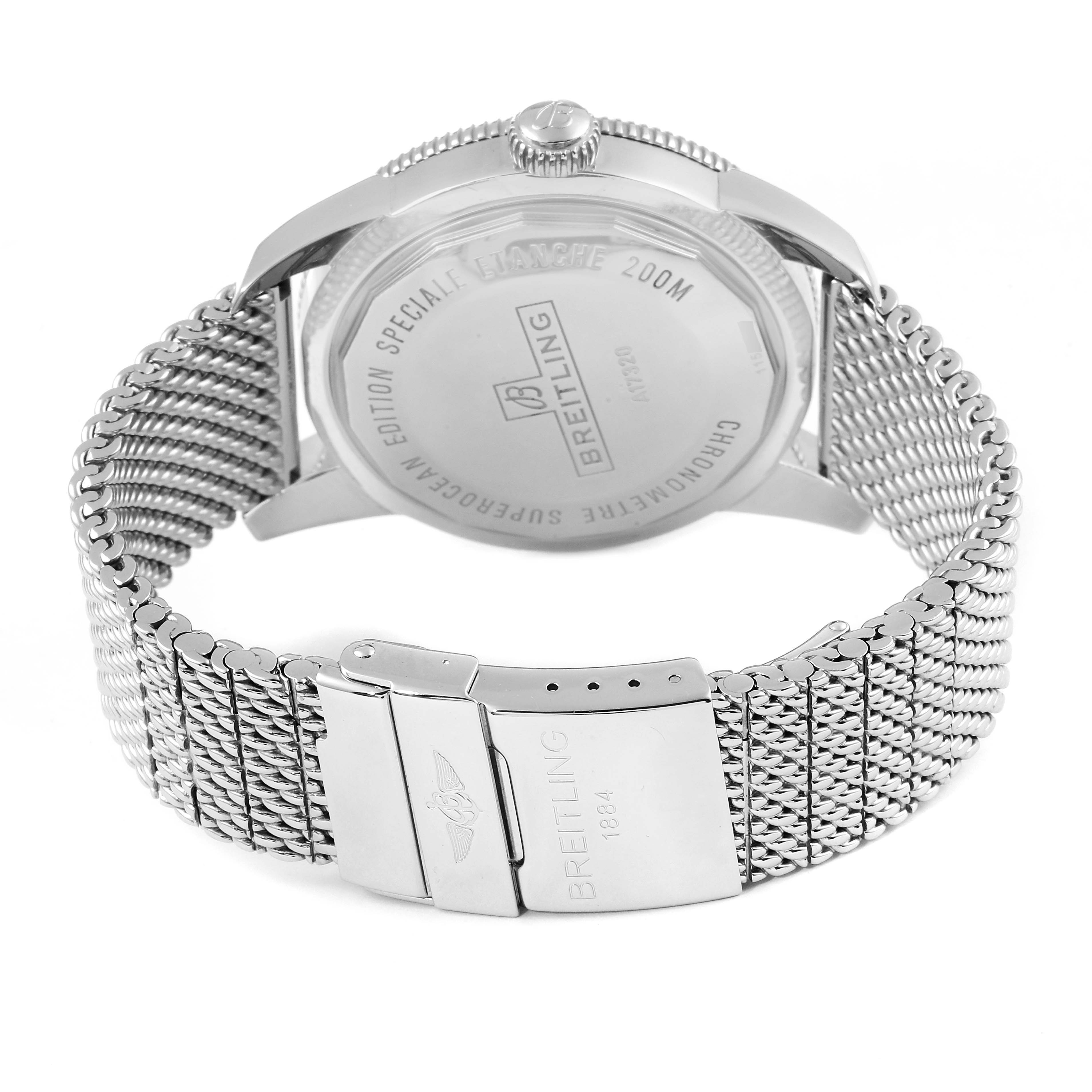 The image shows the back case and clasp of the Breitling Superocean A17320 Men
s Stainless Steel Black Dial A17320 Men
s Stainless Steel Black Dial watch at a tilted angle.