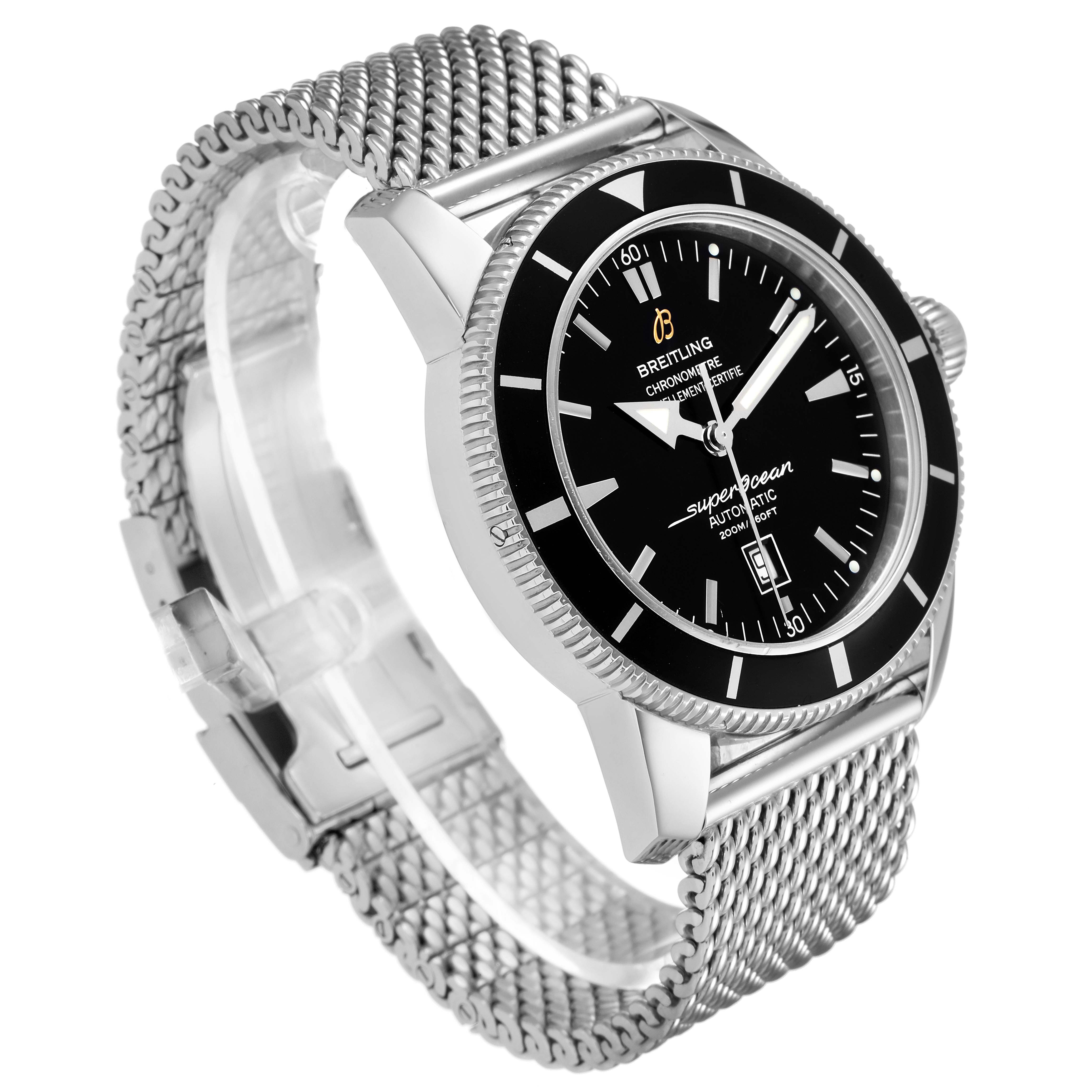 The image shows a Breitling Superocean A17320 Men
s Stainless Steel Black Dial A17320 Men
s Stainless Steel Black Dial watch at a three-quarter angle, highlighting the mesh band, bezel, and dial.