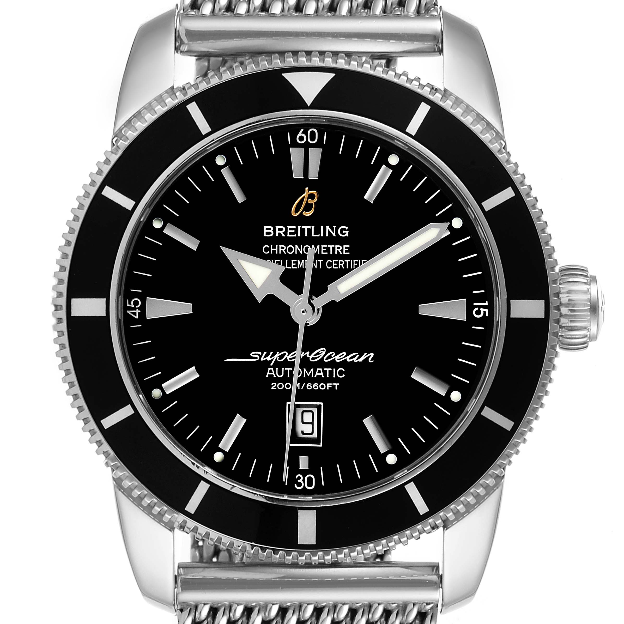 The image shows a front view of the Breitling Superocean A17320 Men
s Stainless Steel Black Dial A17320 Men
s Stainless Steel Black Dial watch, highlighting the dial, bezel, hands, crown, and part of the bracelet.