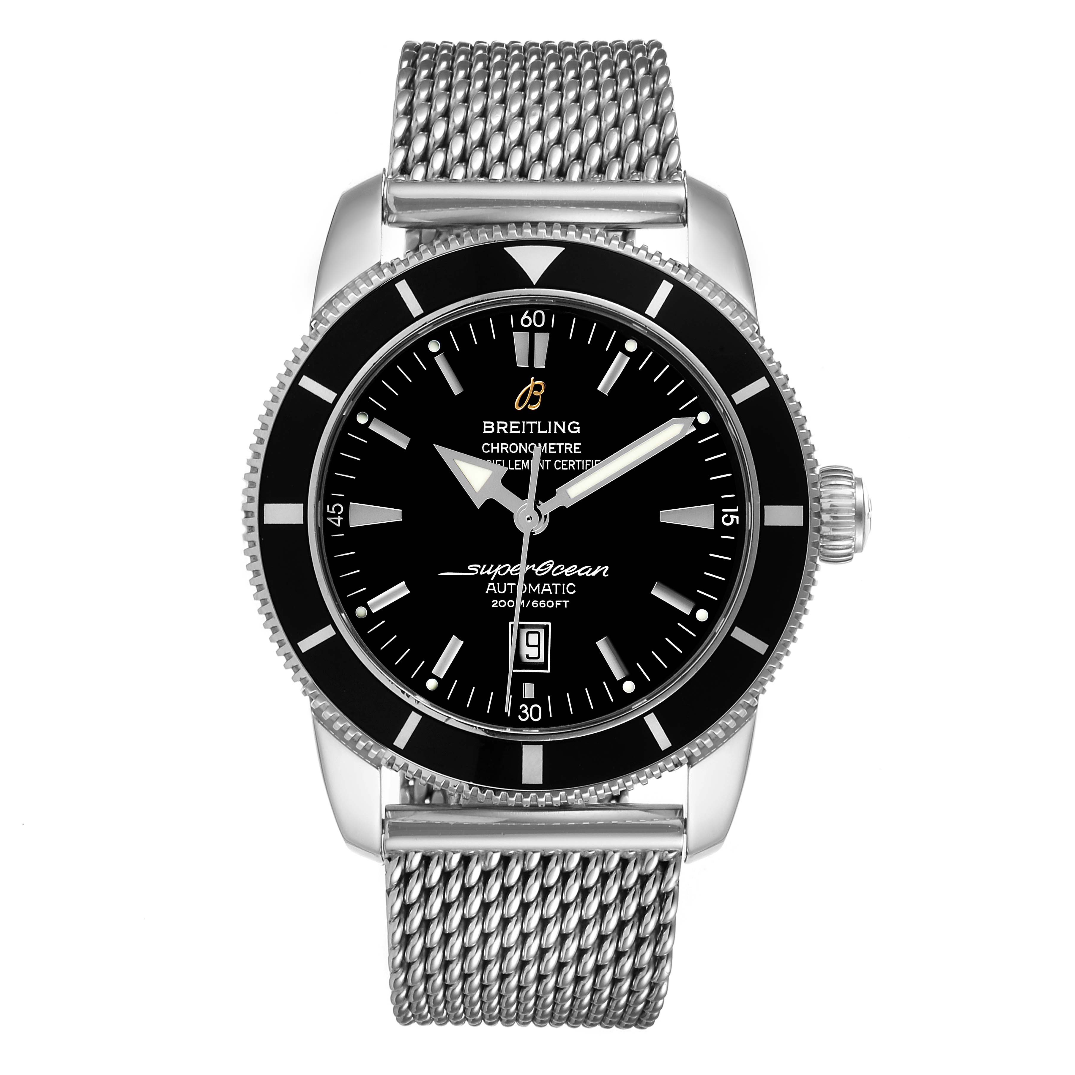 The image shows a front view of the Breitling Superocean A17320 Men
s Stainless Steel Black Dial A17320 Men
s Stainless Steel Black Dial watch, highlighting its black dial, bezel, and stainless steel mesh bracelet.