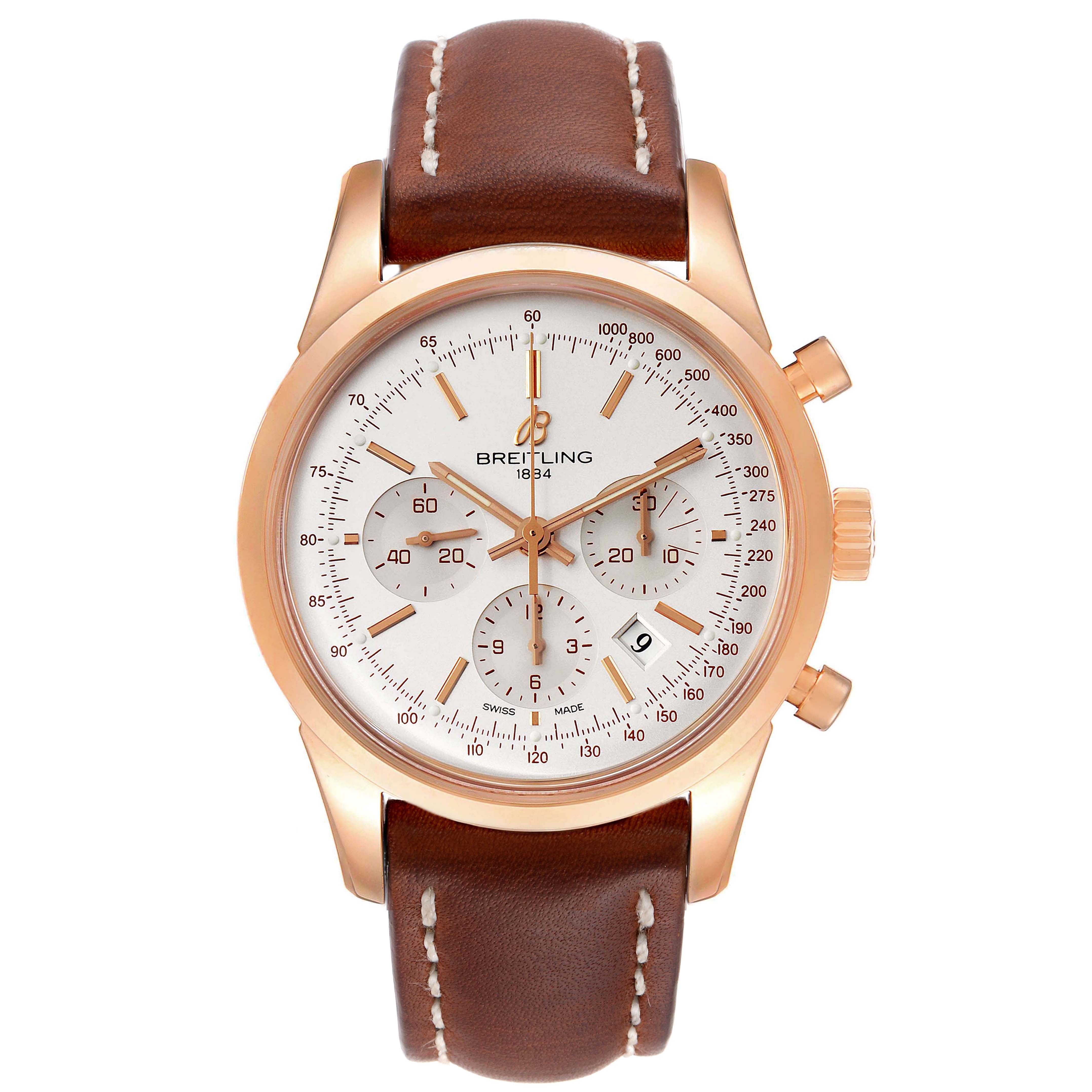 The image shows a front view of the Breitling Transocean RB0152 Men's Rose Gold Silver Dial RB0152 Men's Rose Gold Silver Dial watch, displaying its dial, casing, and leather strap.