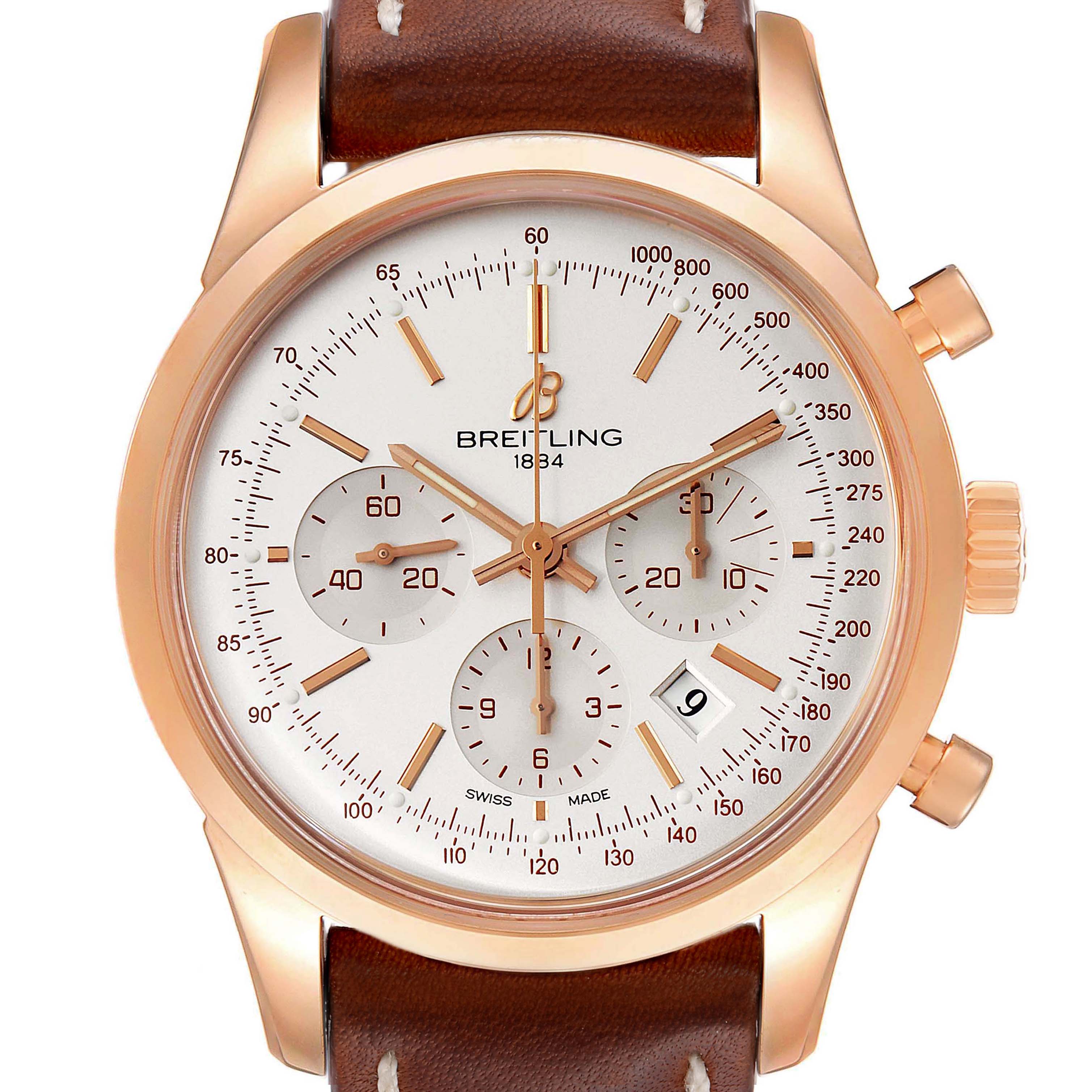 The image shows a front view of the Breitling Transocean RB0152 Men's Rose Gold Silver Dial RB0152 Men's Rose Gold Silver Dial watch displaying its dial, subdials, crown, and leather strap.
