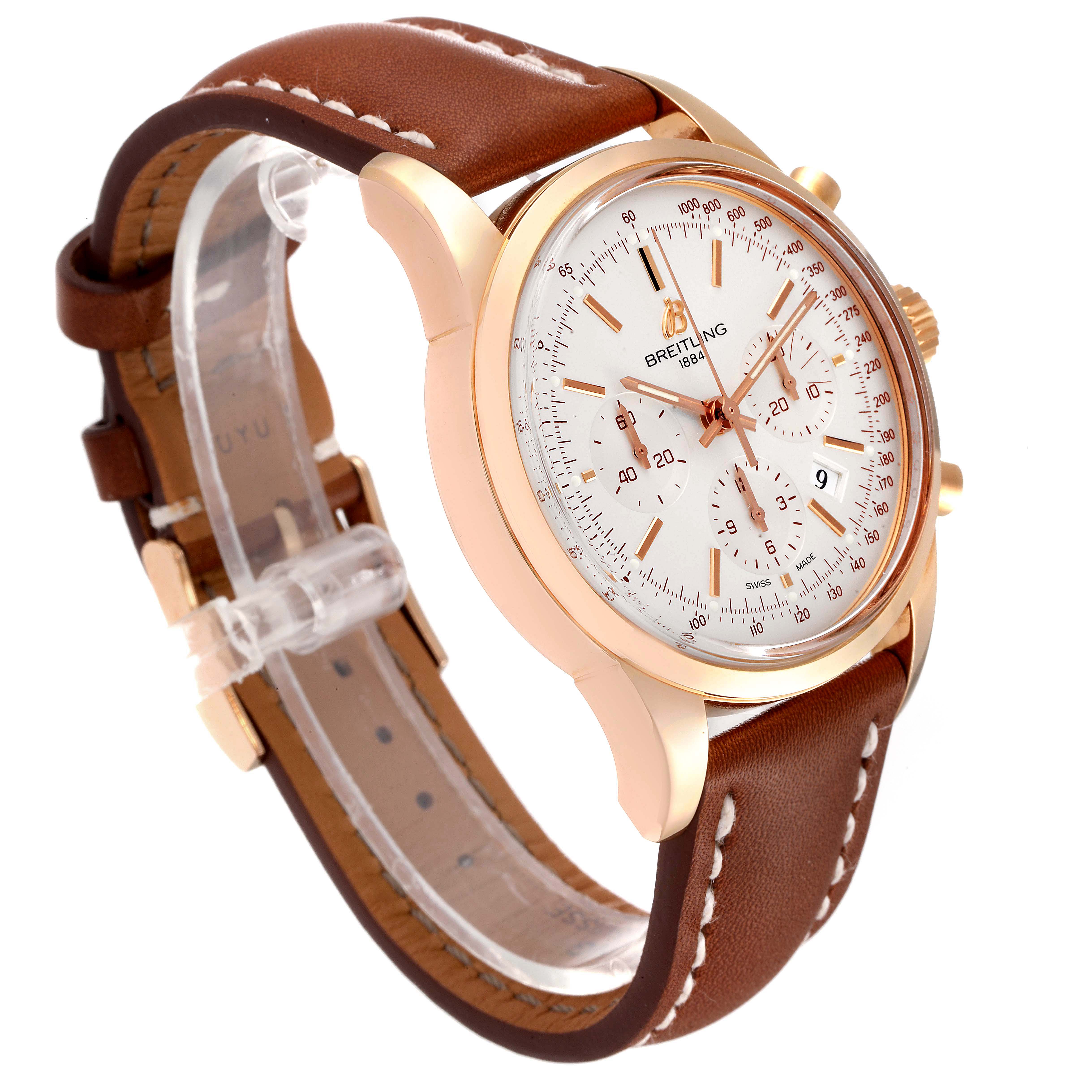 The image shows a Breitling Transocean RB0152 Men's Rose Gold Silver Dial RB0152 Men's Rose Gold Silver Dial watch at a slight angle, displaying the face, gold casing, brown leather strap, and side buttons.