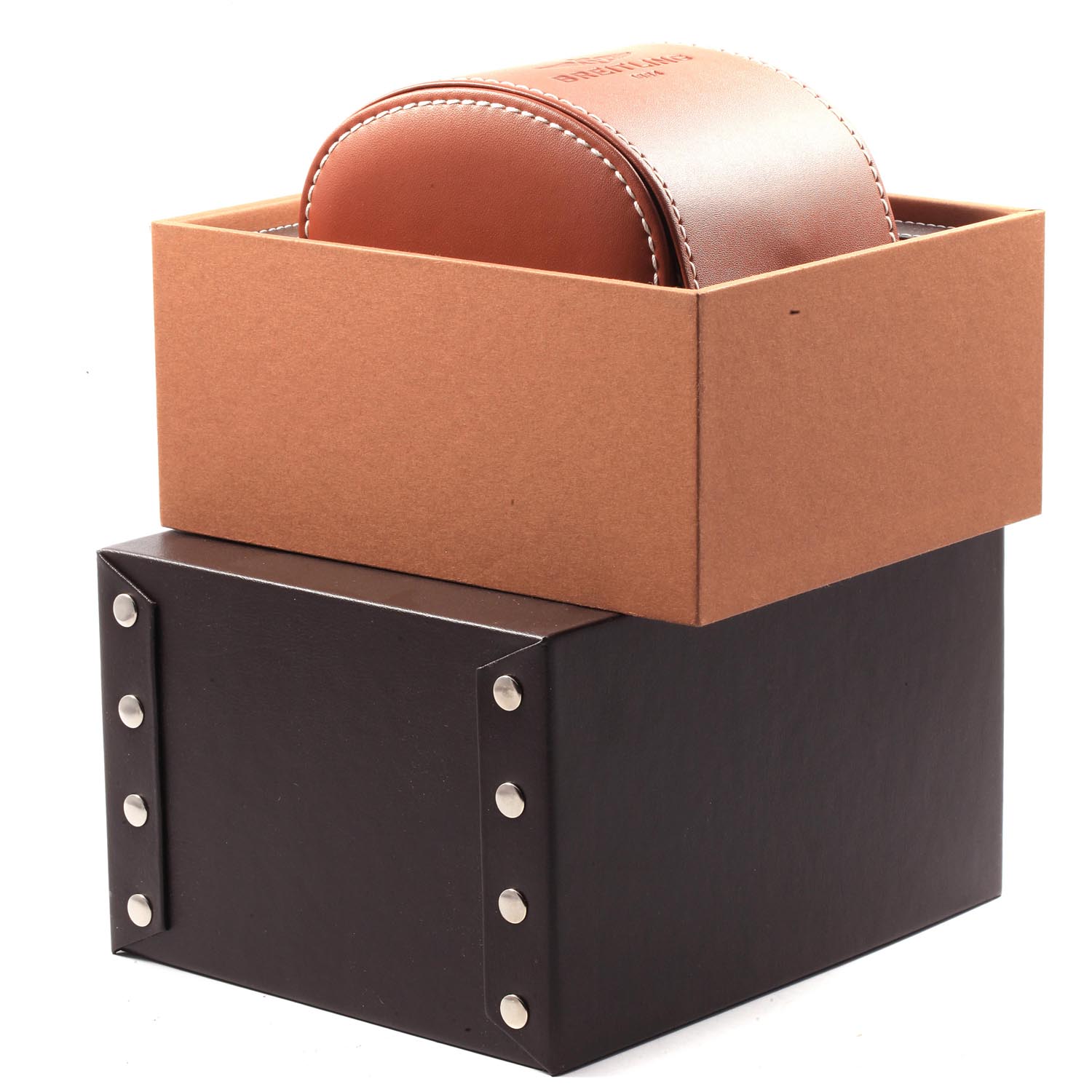 The image shows the packaging box and leather case for the Breitling Transocean RB0152 Men's Rose Gold Silver Dial RB0152 Men's Rose Gold Silver Dial watch displayed at an angle.