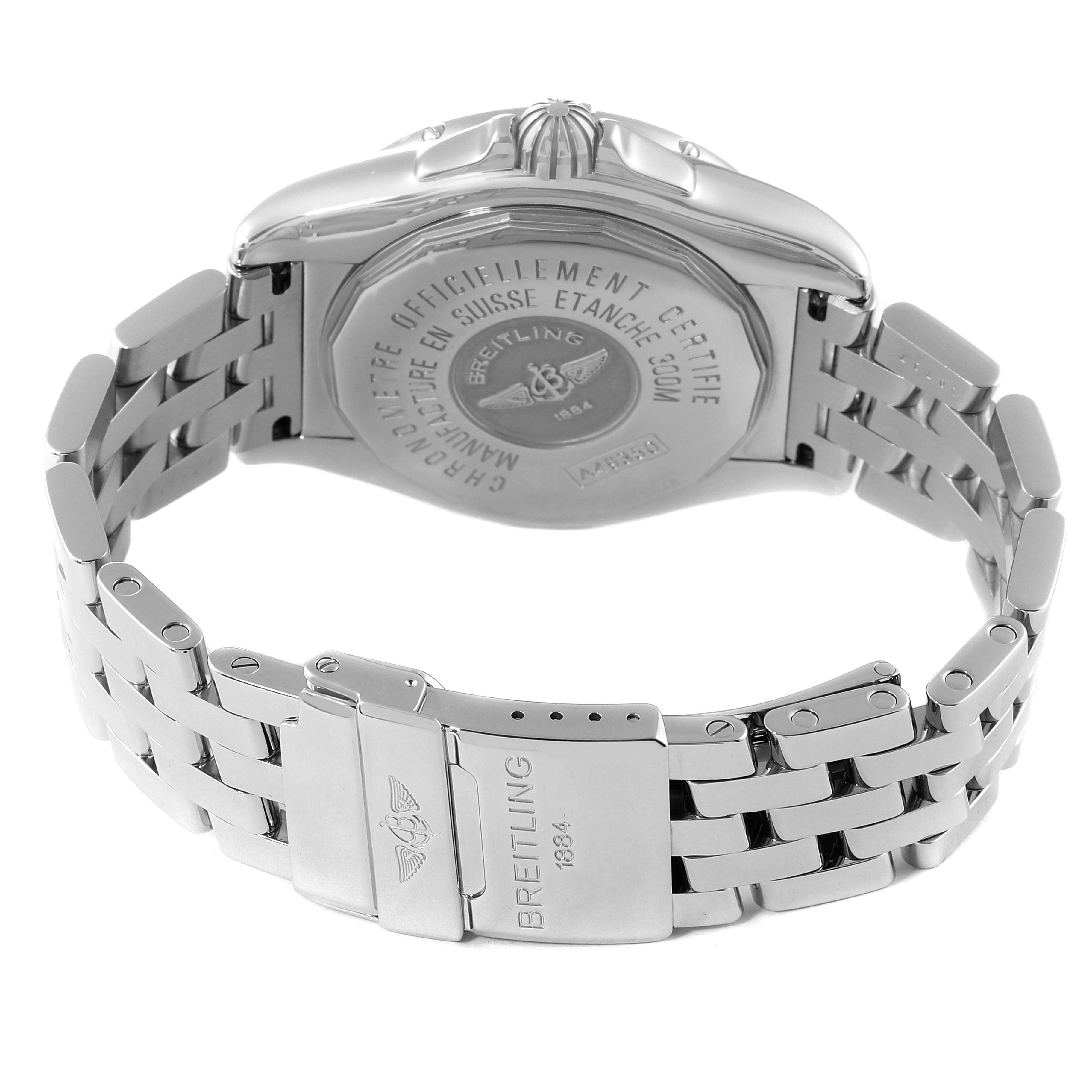 The image shows the back case and metal bracelet of a Breitling Galactic A49350 Men's Stainless Steel Silver Dial A49350 Men's Stainless Steel Silver Dial watch.
