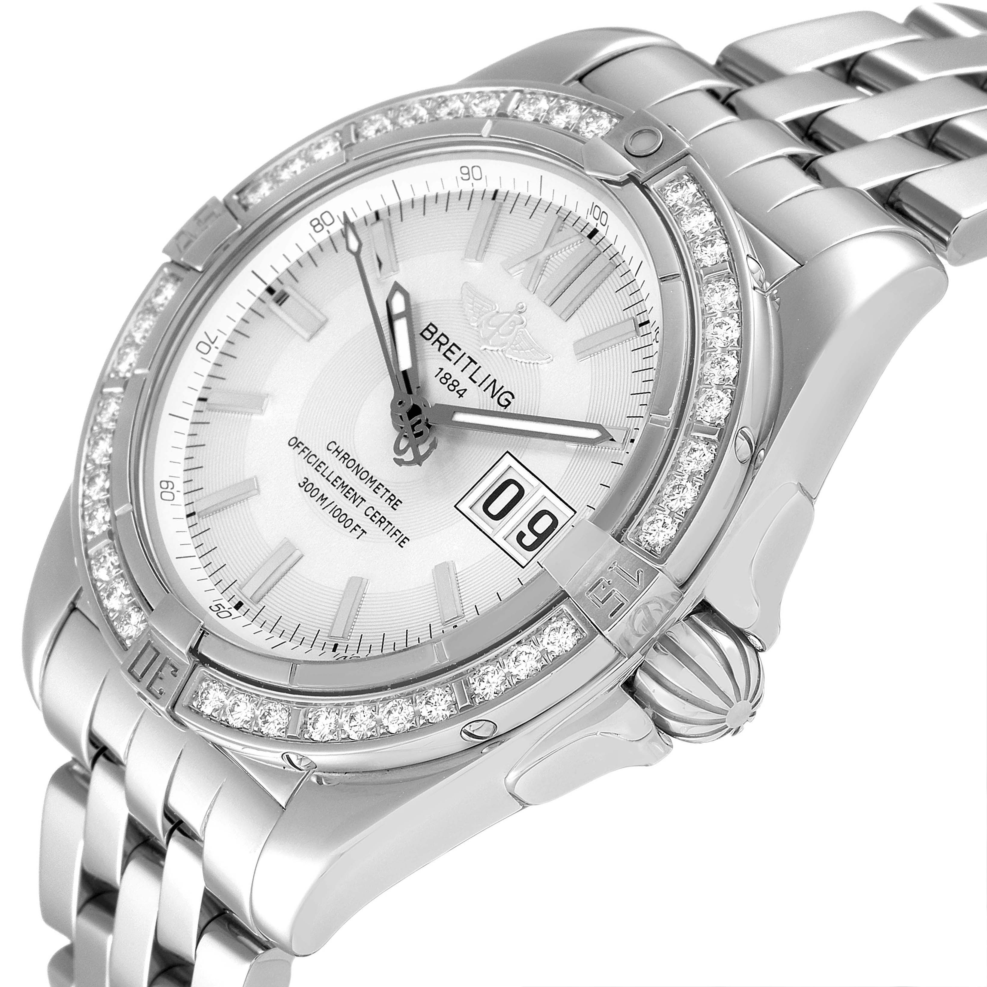 The image shows a Breitling Galactic A49350 Men's Stainless Steel Silver Dial A49350 Men's Stainless Steel Silver Dial watch from an oblique top-front angle, highlighting the bezel, dial, date window, and part of the bracelet.