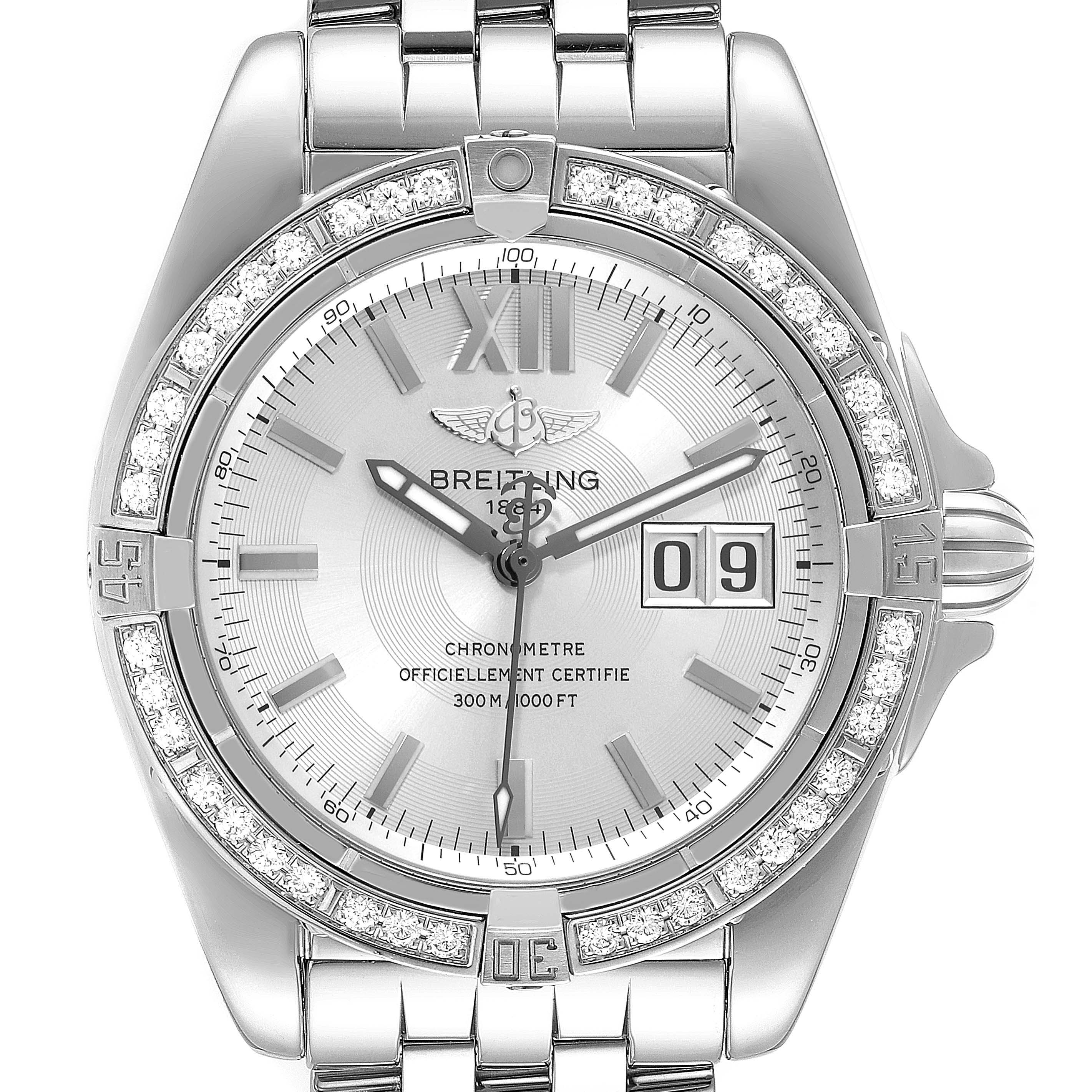 This image shows a front view of the Breitling Galactic A49350 Men's Stainless Steel Silver Dial A49350 Men's Stainless Steel Silver Dial watch, highlighting the face, bezel, and part of the metal strap.