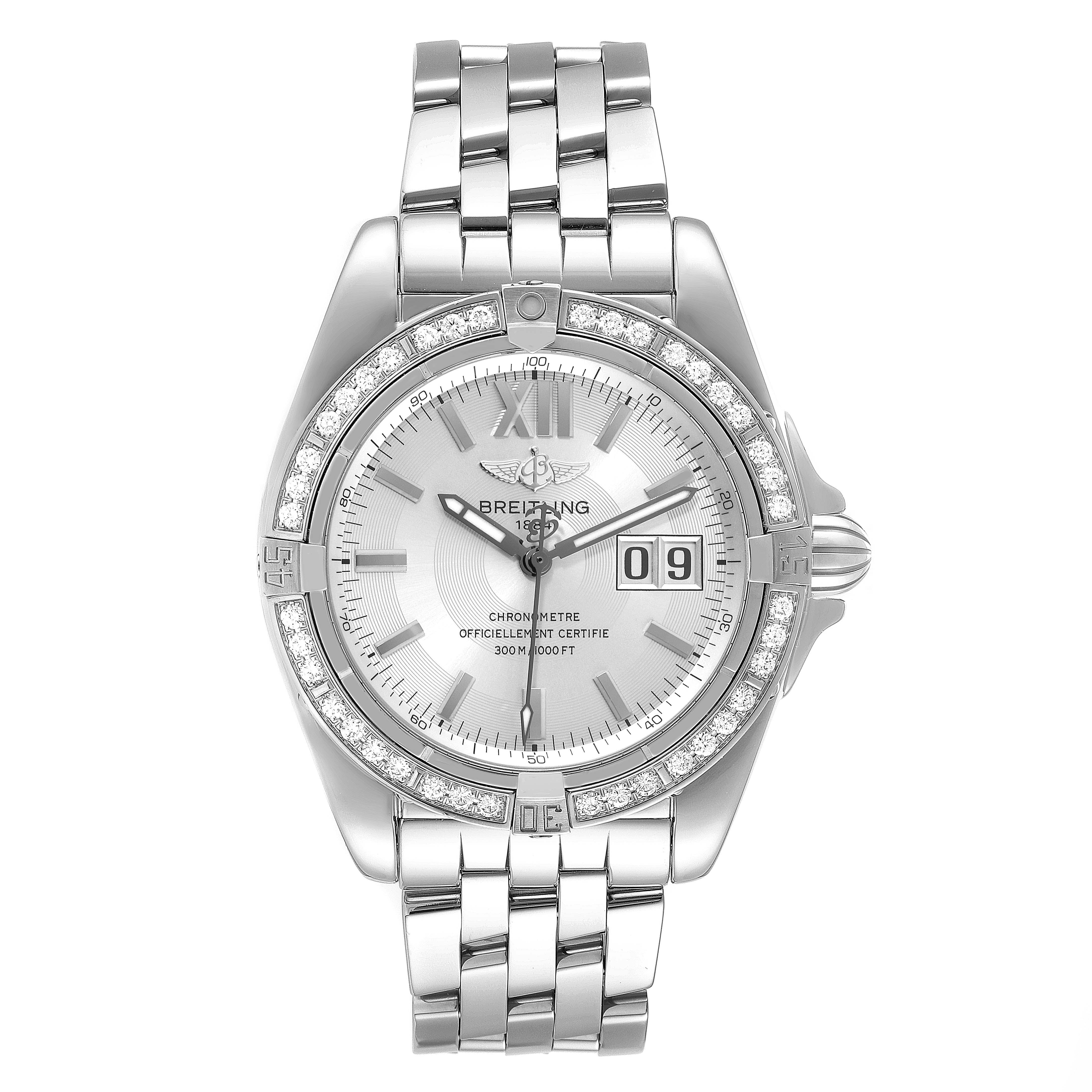 The image shows a front view of the Breitling Galactic A49350 Men's Stainless Steel Silver Dial A49350 Men's Stainless Steel Silver Dial model watch, featuring its dial, bezel, case, and bracelet.