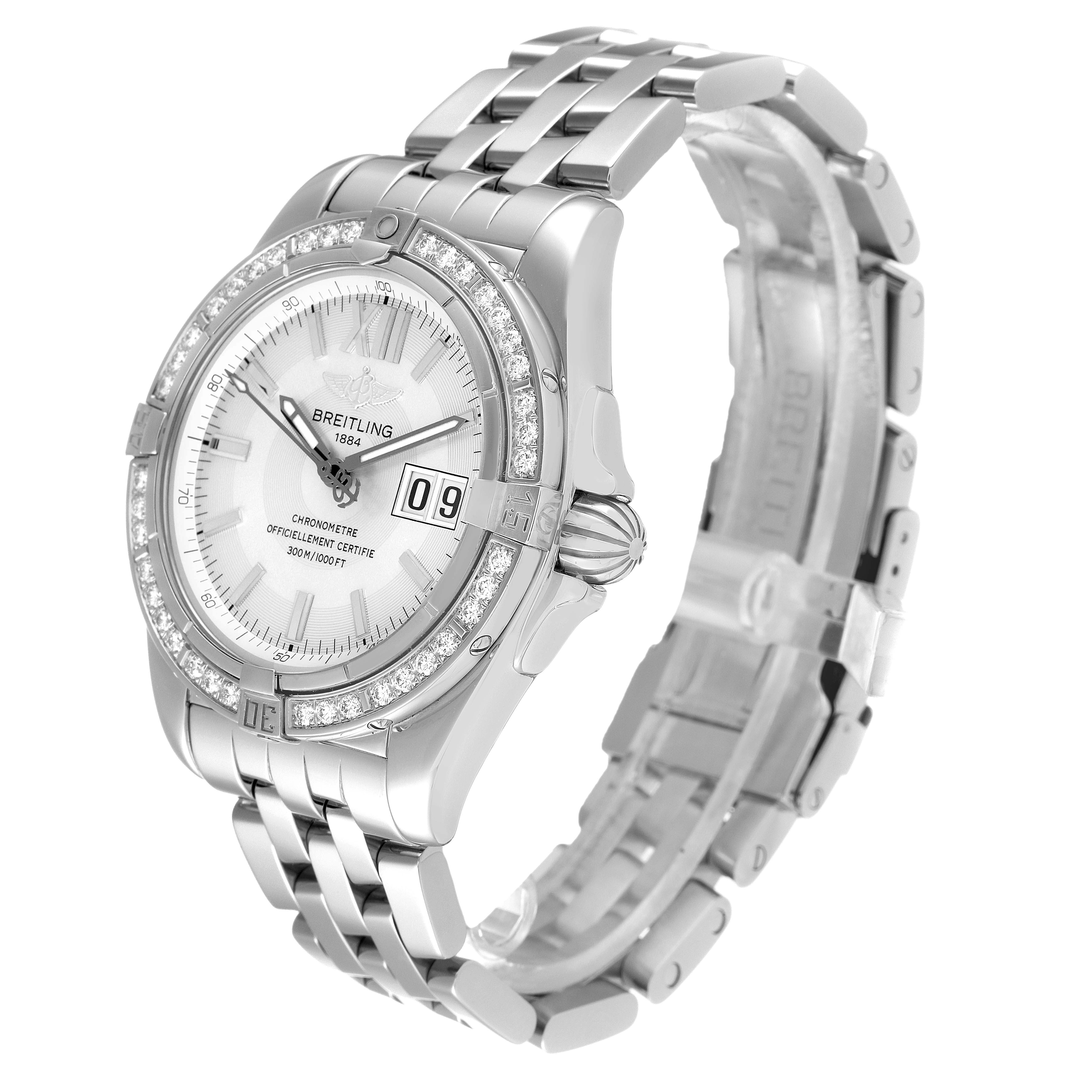 The image shows a Breitling Galactic A49350 Men's Stainless Steel Silver Dial A49350 Men's Stainless Steel Silver Dial model watch at a slight angle, highlighting the face, bezel, and bracelet.