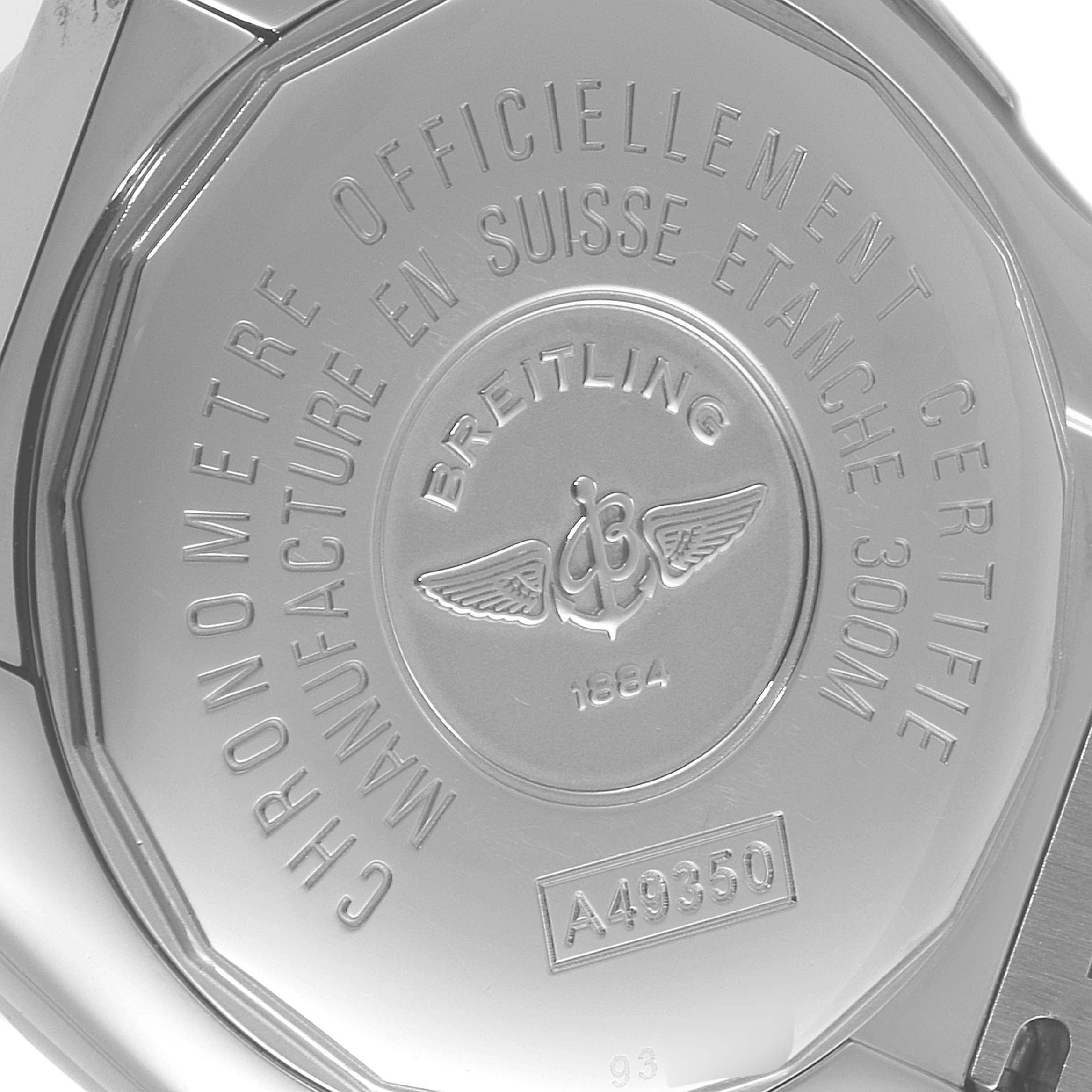 The image shows the back case of a Breitling Galactic A49350 Men's Stainless Steel Silver Dial A49350 Men's Stainless Steel Silver Dial model watch, highlighting its engravings and logo.