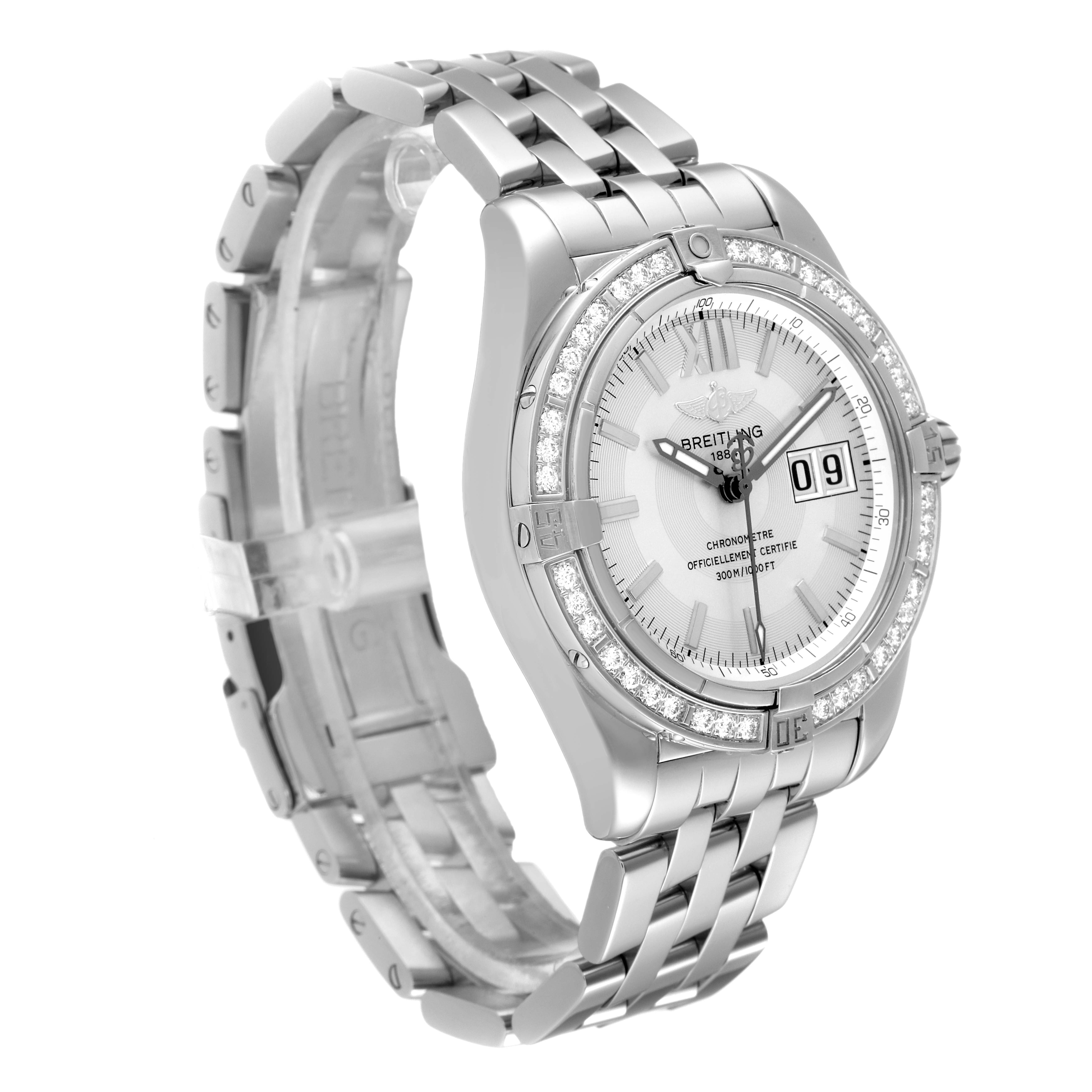The Breitling Galactic A49350 Men's Stainless Steel Silver Dial A49350 Men's Stainless Steel Silver Dial watch is shown at a three-quarter angle, displaying the face, bezel, and metal bracelet.