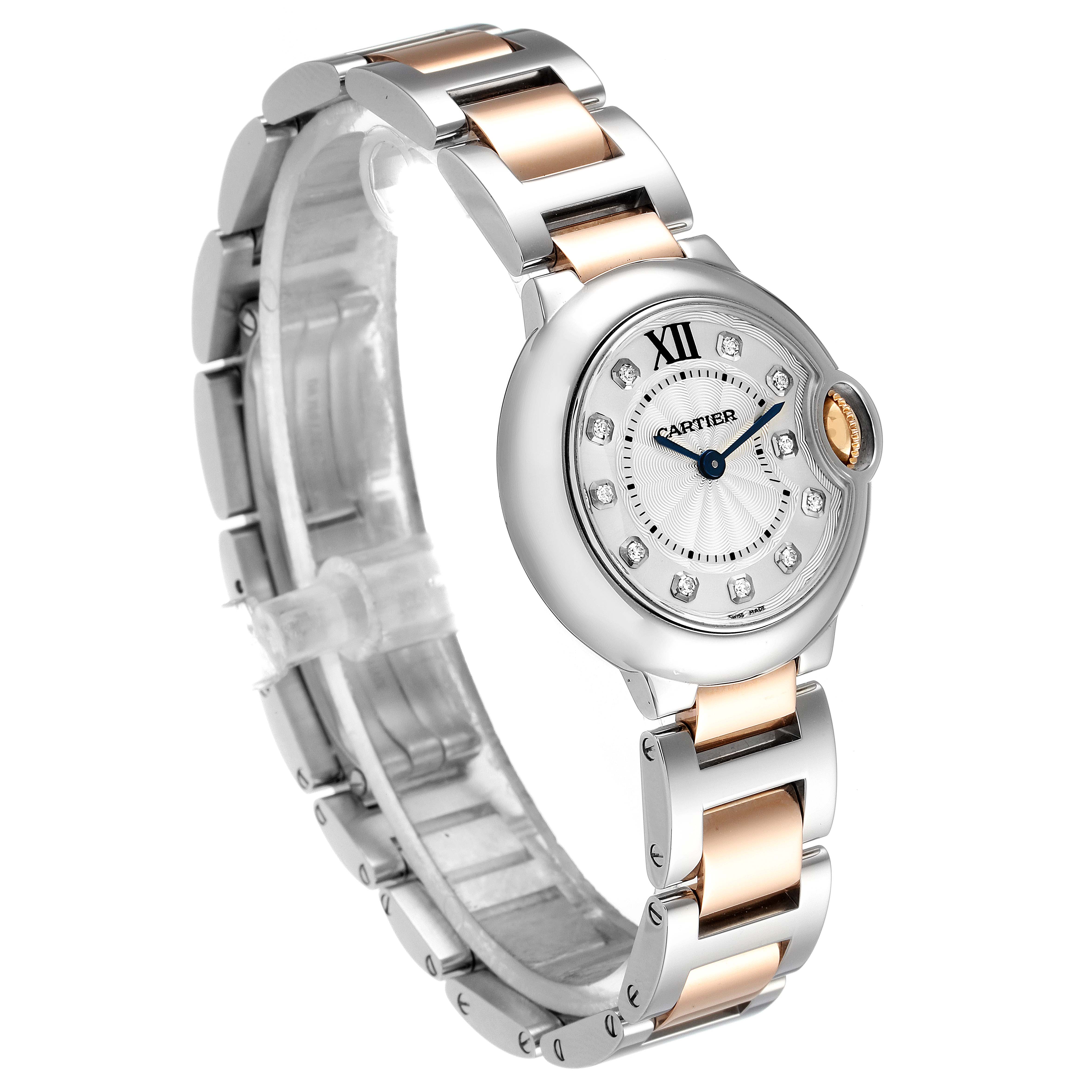 The image shows a Cartier Ballon Bleu WE902030 Women
s Steel and Gold (two tone) Silver Dial WE902030 Women
s Steel and Gold (two tone) Silver Dial watch at a slight angle, highlighting the face, bezel, bracelet, and diamond hour markers.
