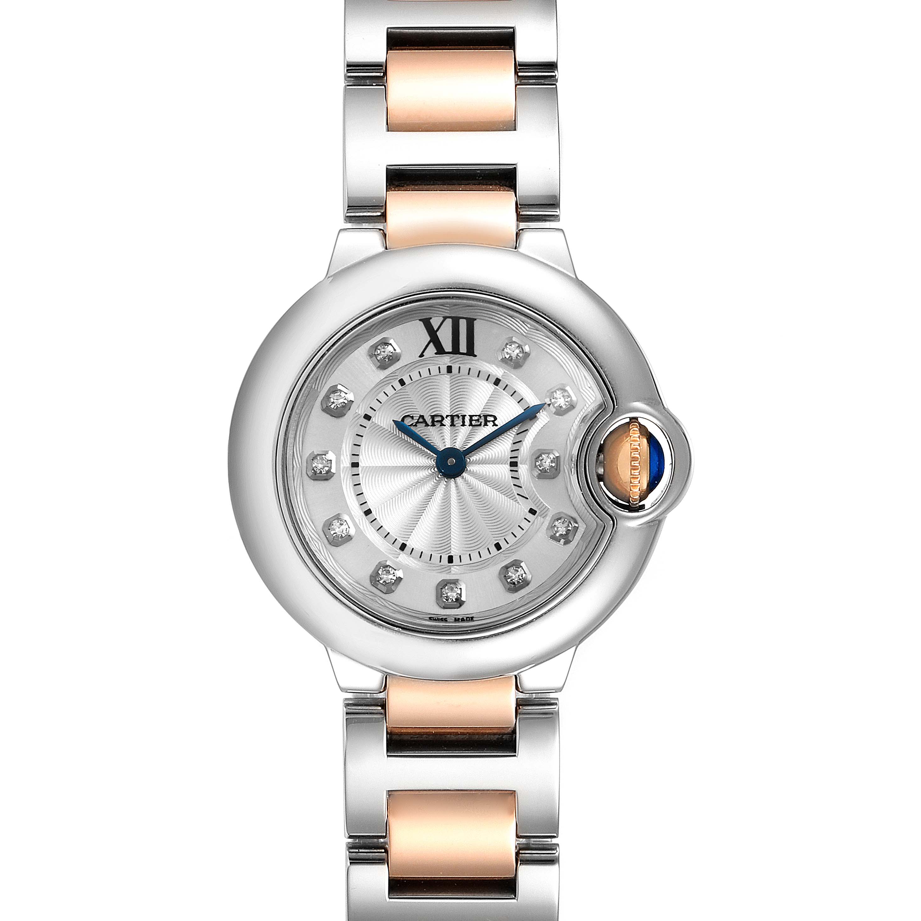The image shows the face and part of the bracelet of a Cartier Ballon Bleu WE902030 Women
s Steel and Gold (two tone) Silver Dial WE902030 Women
s Steel and Gold (two tone) Silver Dial watch, taken from a front angle.