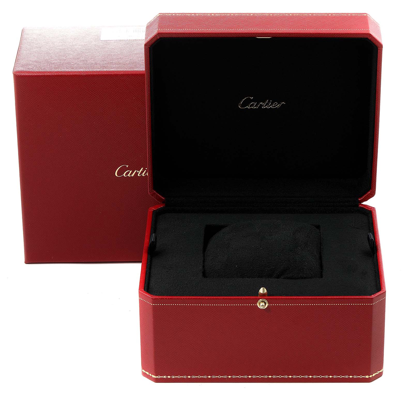 This image shows the open red box for the Ballon Bleu model watch by Cartier, with its black interior.
