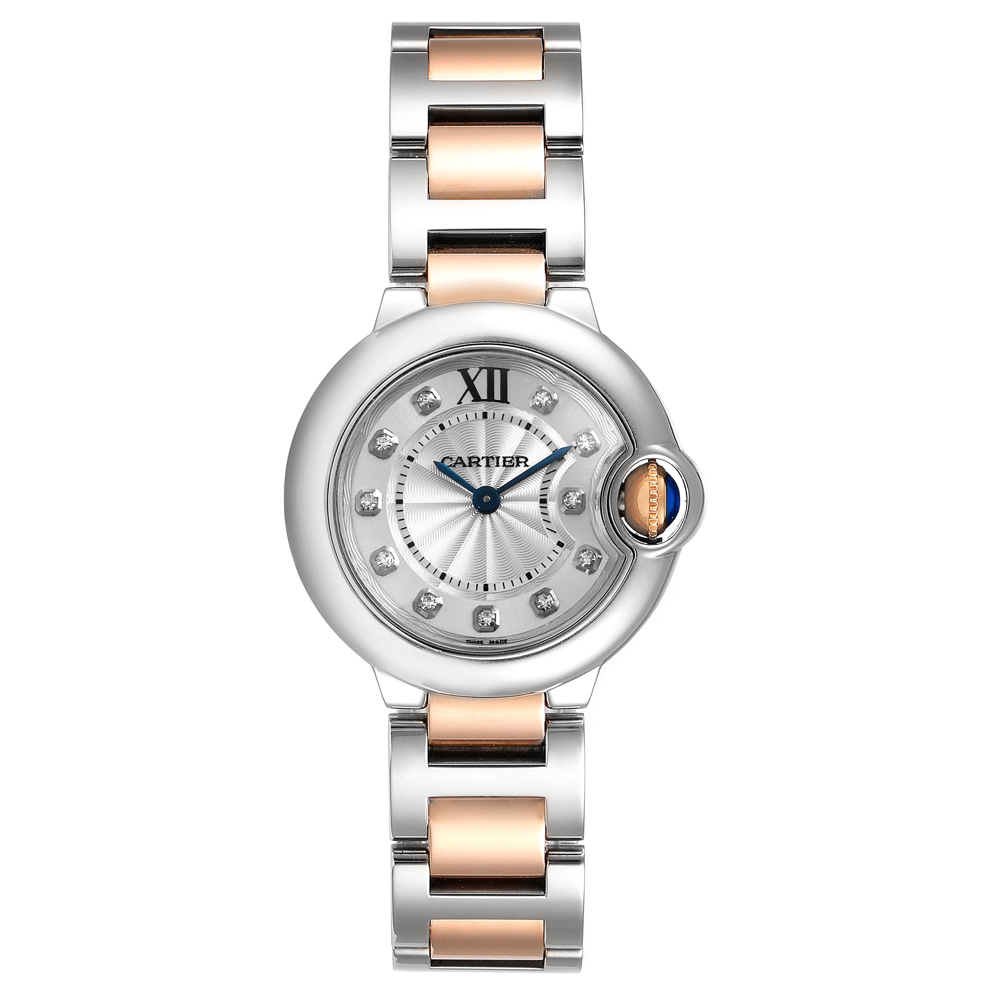 This image shows a front view of the Cartier Ballon Bleu WE902030 Women
s Steel and Gold (two tone) Silver Dial WE902030 Women
s Steel and Gold (two tone) Silver Dial watch, highlighting the dial, crown, and two-tone bracelet.
