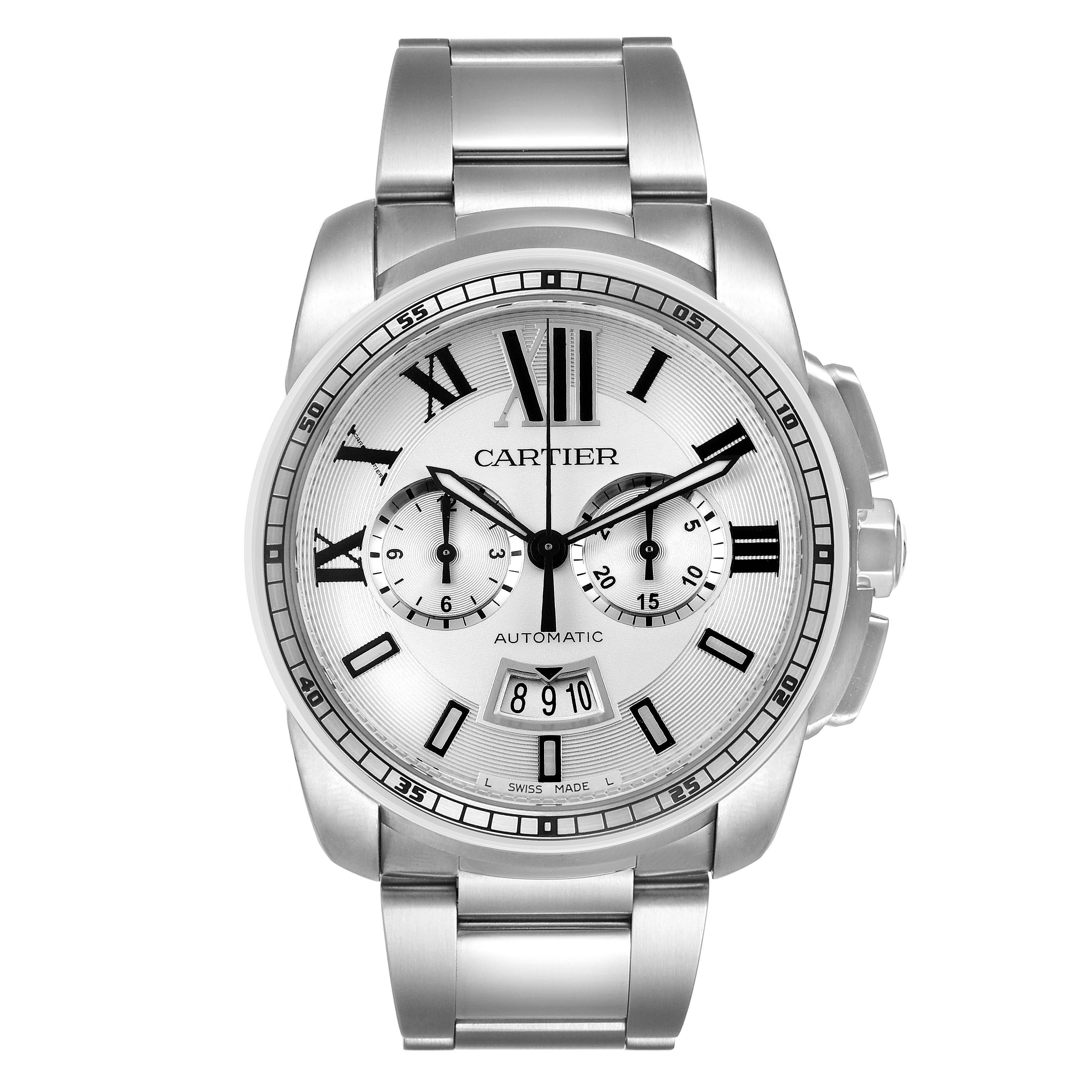 This image shows a front view of a Calibre de Cartier watch by Cartier, displaying the dial, subdials, bracelet, and bezel.