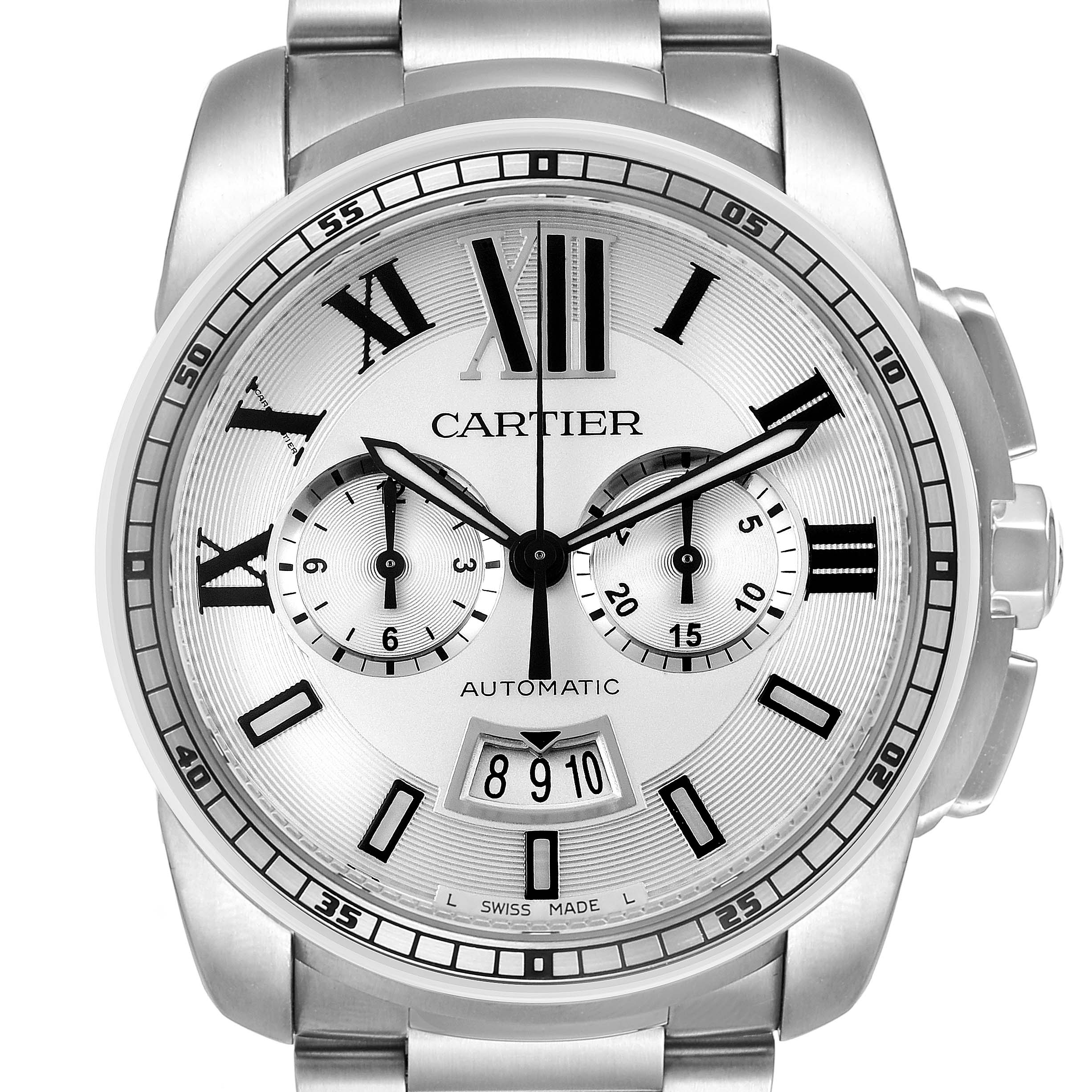 The image shows a frontal view of the Calibre de Cartier watch by Cartier, highlighting its dial, subdials, hands, and date window.