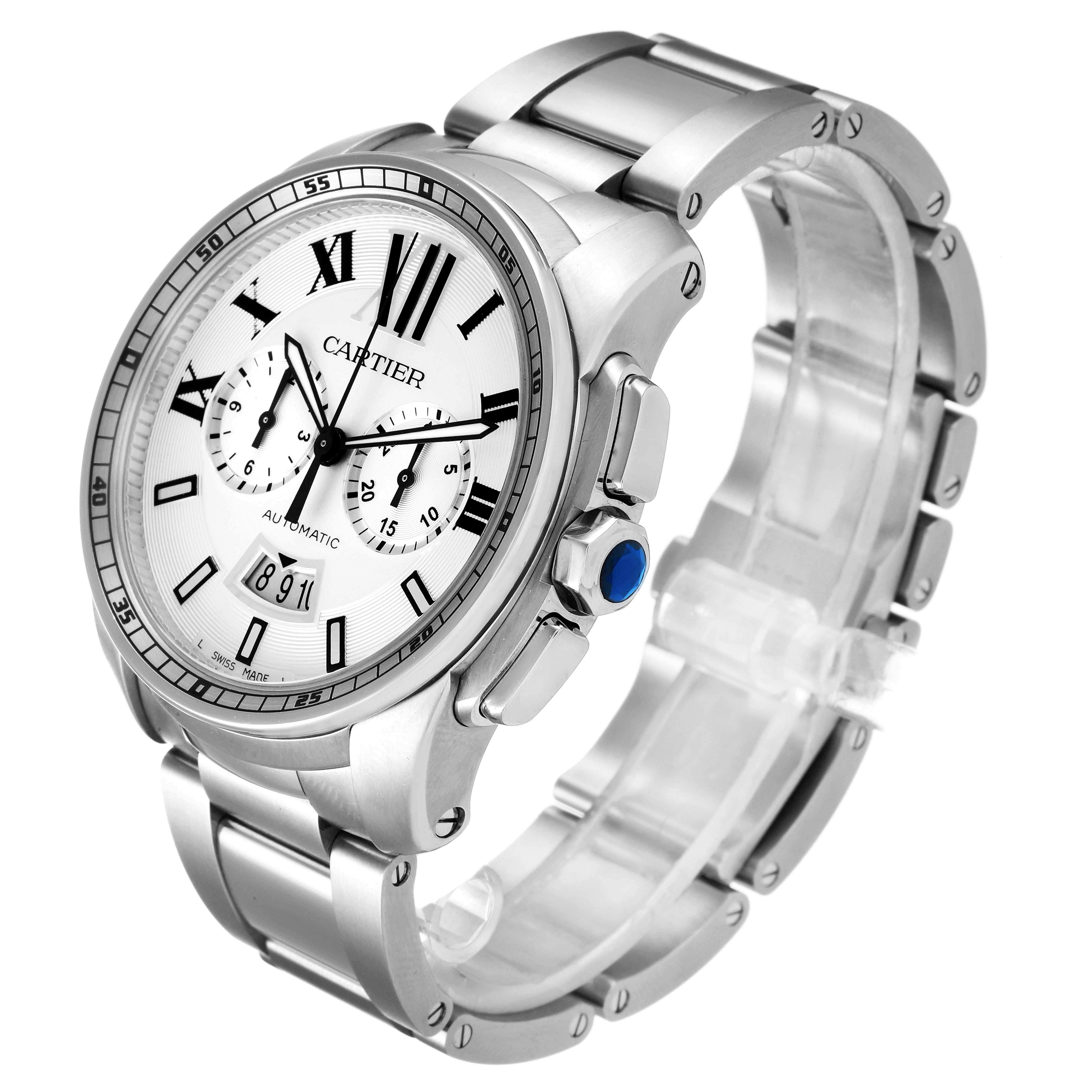 The Calibre de Cartier watch by Cartier is shown at a three-quarter angle highlighting the face, bezel, and bracelet.