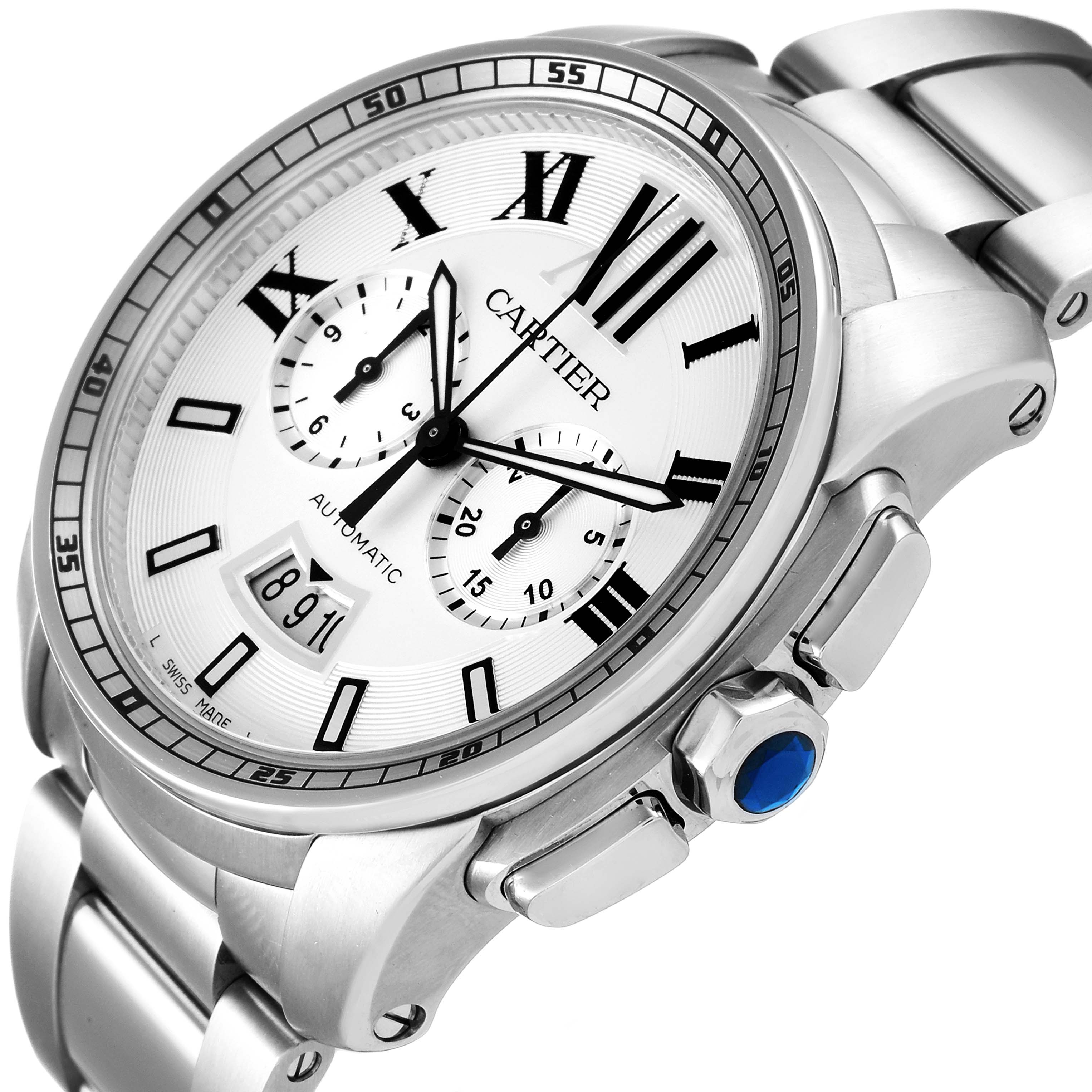 This image shows a close-up angled view of the Cartier Calibre de Cartier W7100045 Men's Stainless Steel Silver Dial W7100045 Men's Stainless Steel Silver Dial model, highlighting its dial, crown, and part of the bracelet.