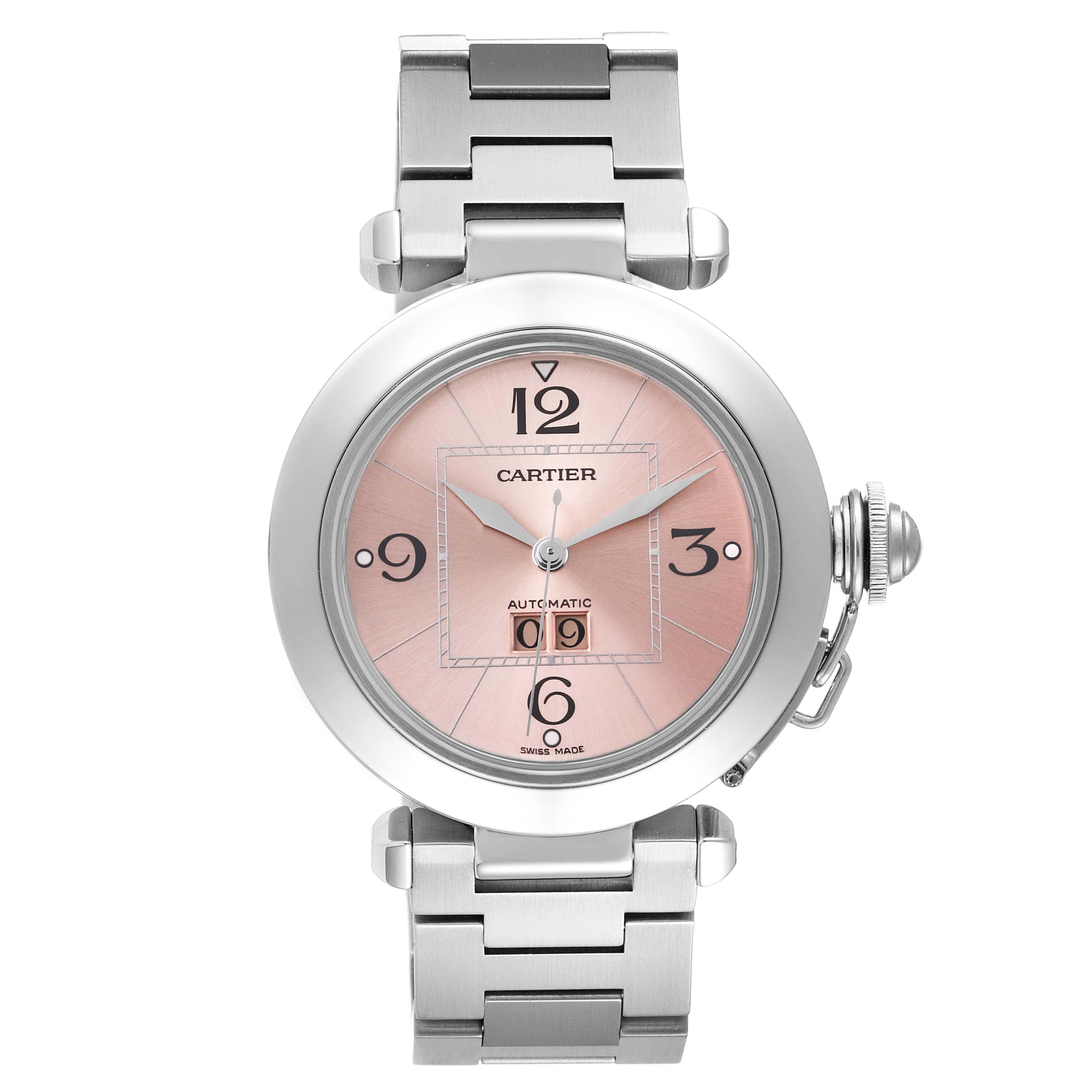 This image shows a front view of a Cartier Pasha W31058M7 Women's Stainless Steel Pink Dial W31058M7 Women's Stainless Steel Pink Dial watch, featuring its round dial, date display, and metal bracelet.