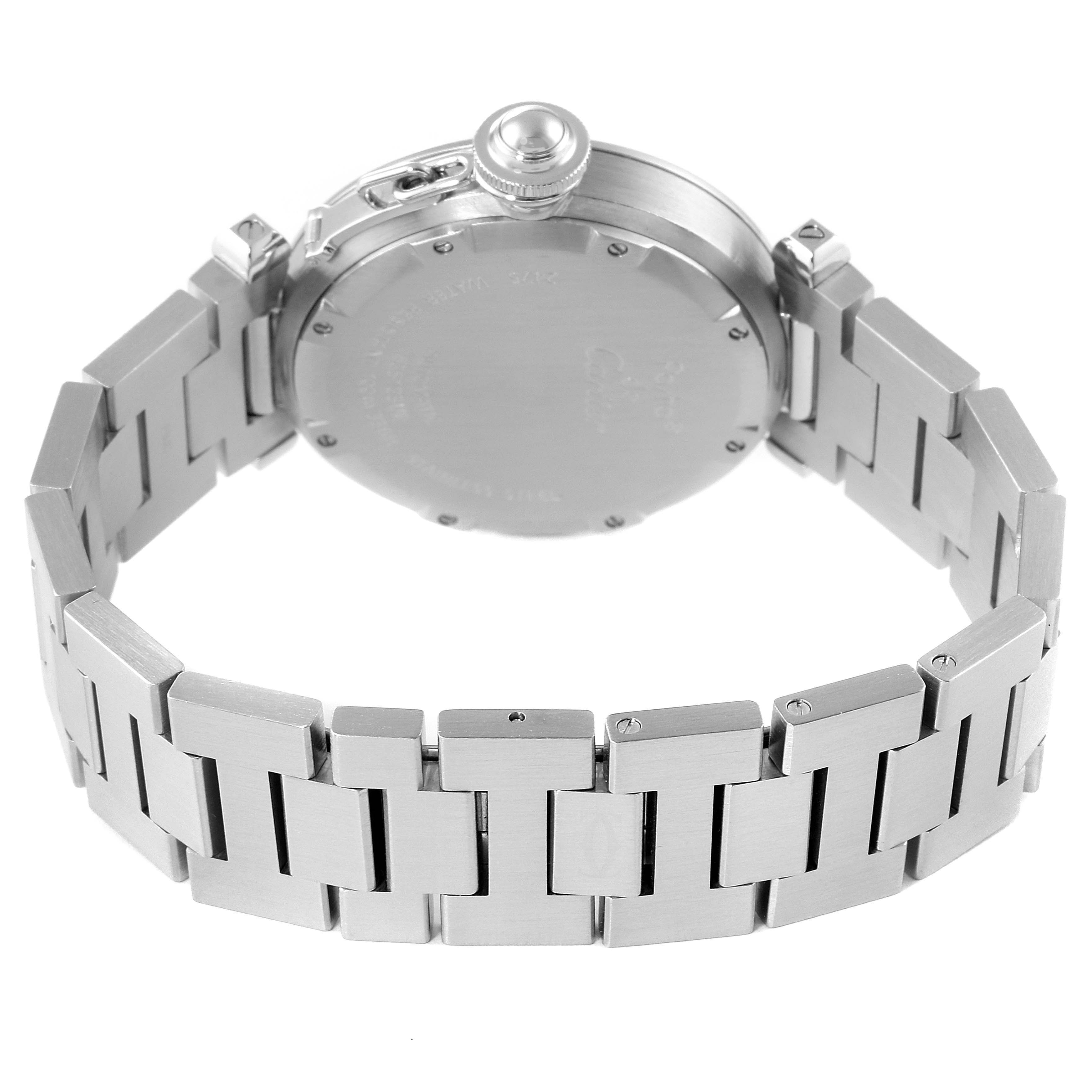 The image shows the backside and bracelet of a Cartier Pasha W31058M7 Women's Stainless Steel Pink Dial W31058M7 Women's Stainless Steel Pink Dial watch, highlighting the case back and link design.