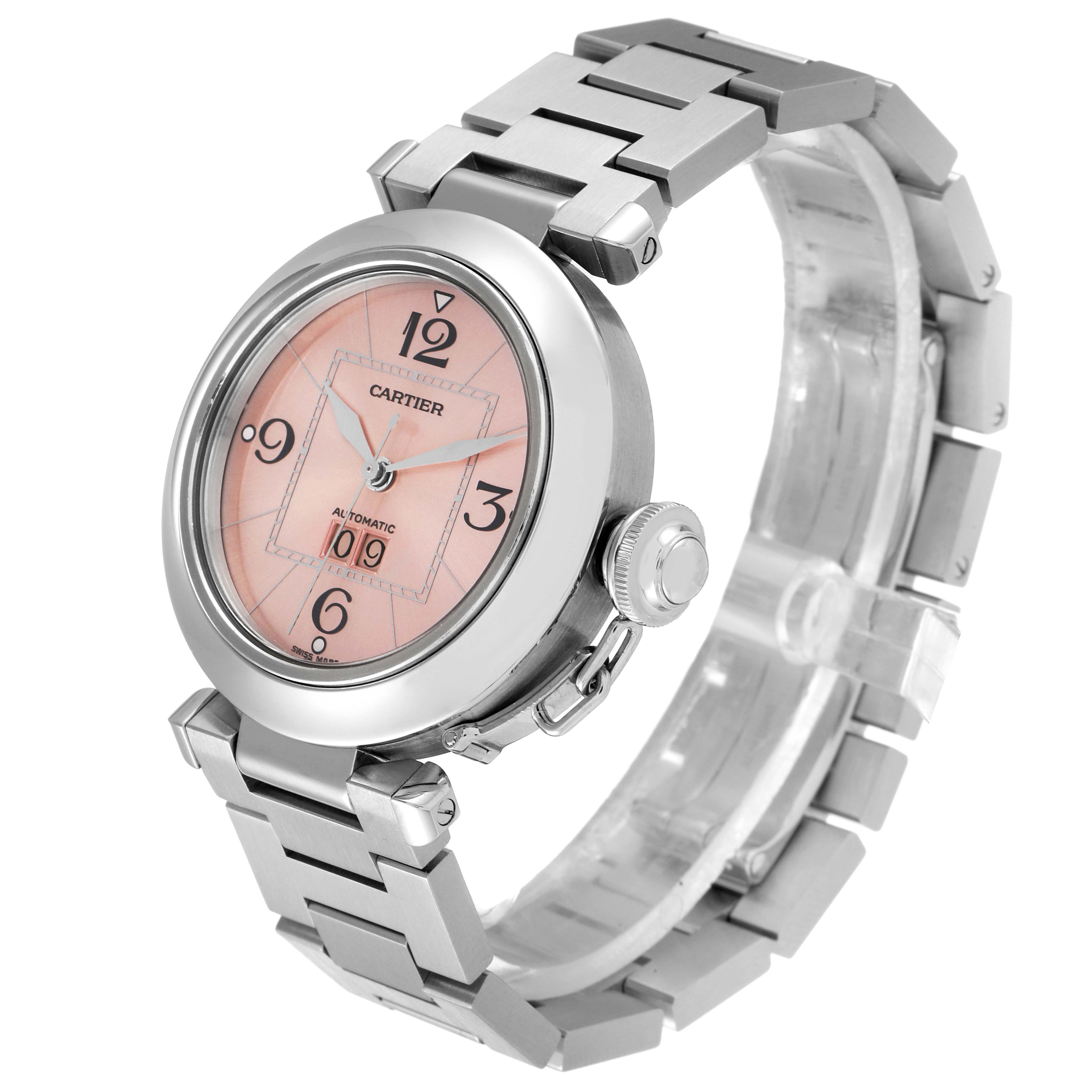 The image shows a Cartier Pasha W31058M7 Women's Stainless Steel Pink Dial W31058M7 Women's Stainless Steel Pink Dial watch at a 3/4 angle, highlighting the dial, crown, and stainless steel bracelet.