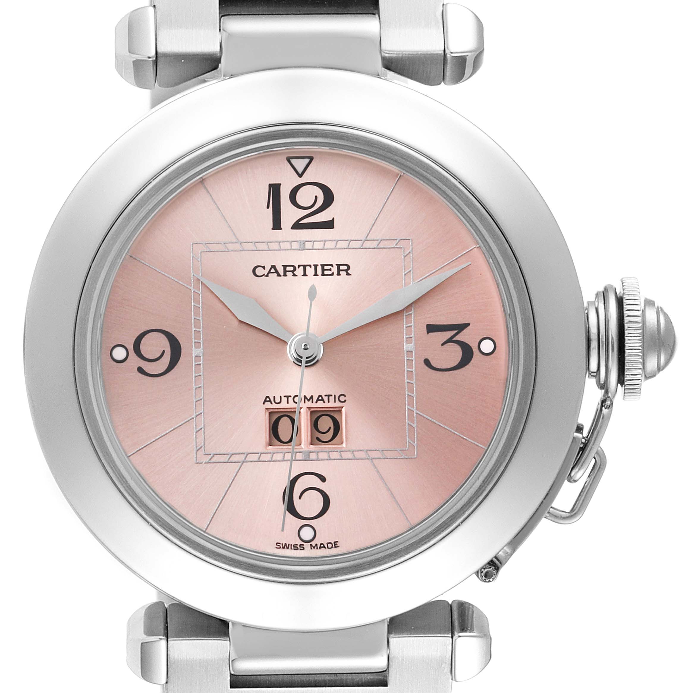 The image shows a front, close-up view of a Cartier Pasha W31058M7 Women's Stainless Steel Pink Dial W31058M7 Women's Stainless Steel Pink Dial watch, highlighting its dial, hands, and crown.