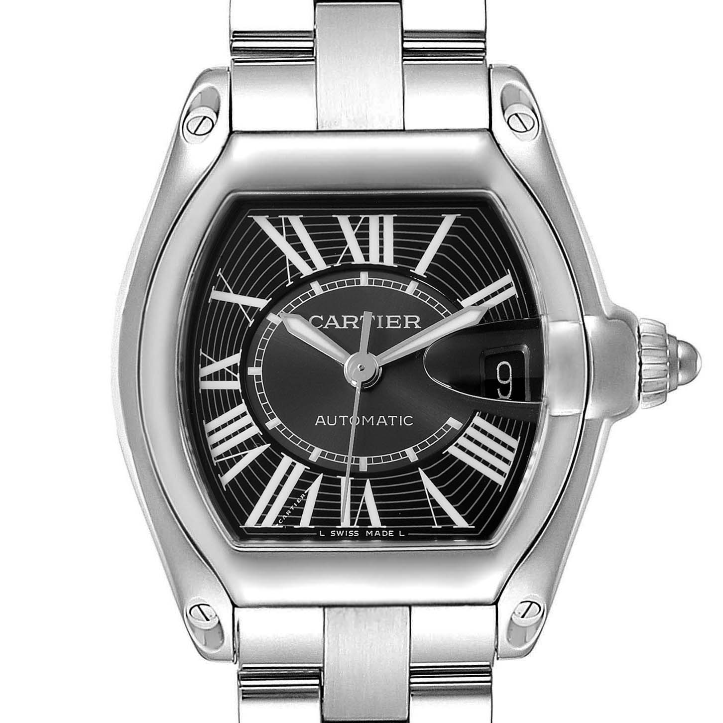 This image shows a Cartier Roadster W62041V3 Men
s Stainless Steel Black Dial W62041V3 Men
s Stainless Steel Black Dial watch from a frontal angle, displaying its face, hands, date window, and part of the bracelet.