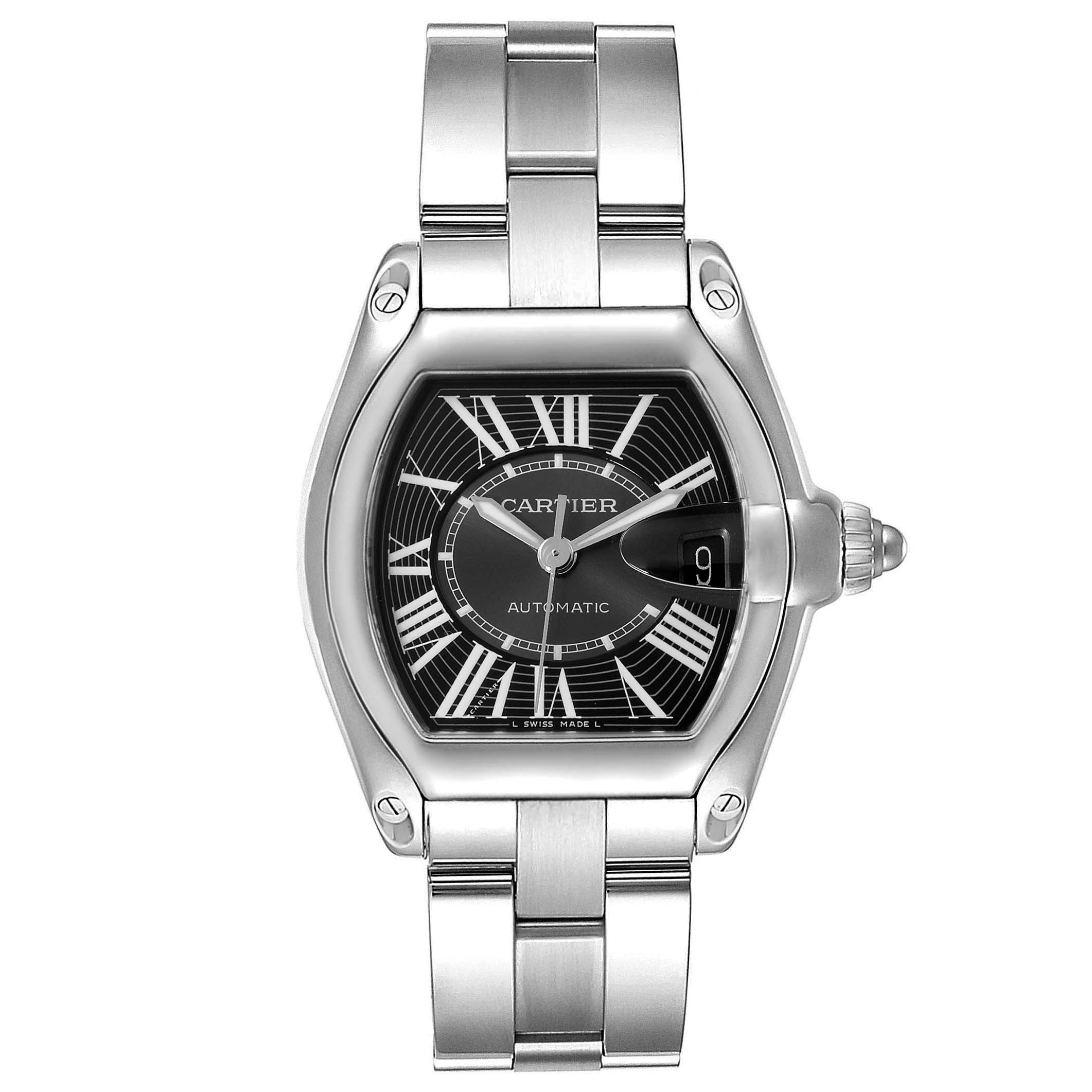 The image shows a front view of the Cartier Roadster W62041V3 Men
s Stainless Steel Black Dial W62041V3 Men
s Stainless Steel Black Dial watch, highlighting its face, bracelet, and crown.