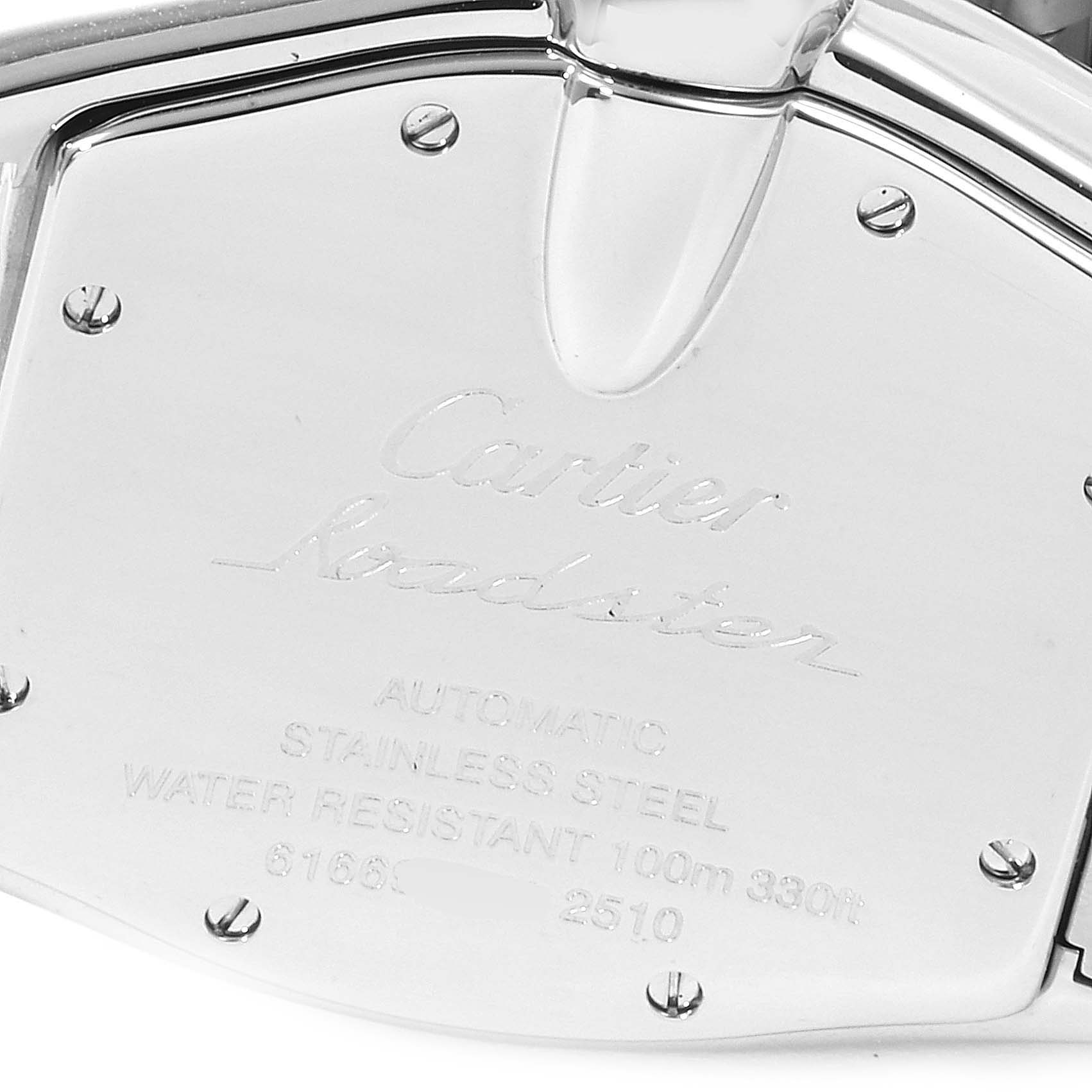 The image shows the back case of the Cartier Roadster W62041V3 Men
s Stainless Steel Black Dial W62041V3 Men
s Stainless Steel Black Dial watch, highlighting engravings and screw details.