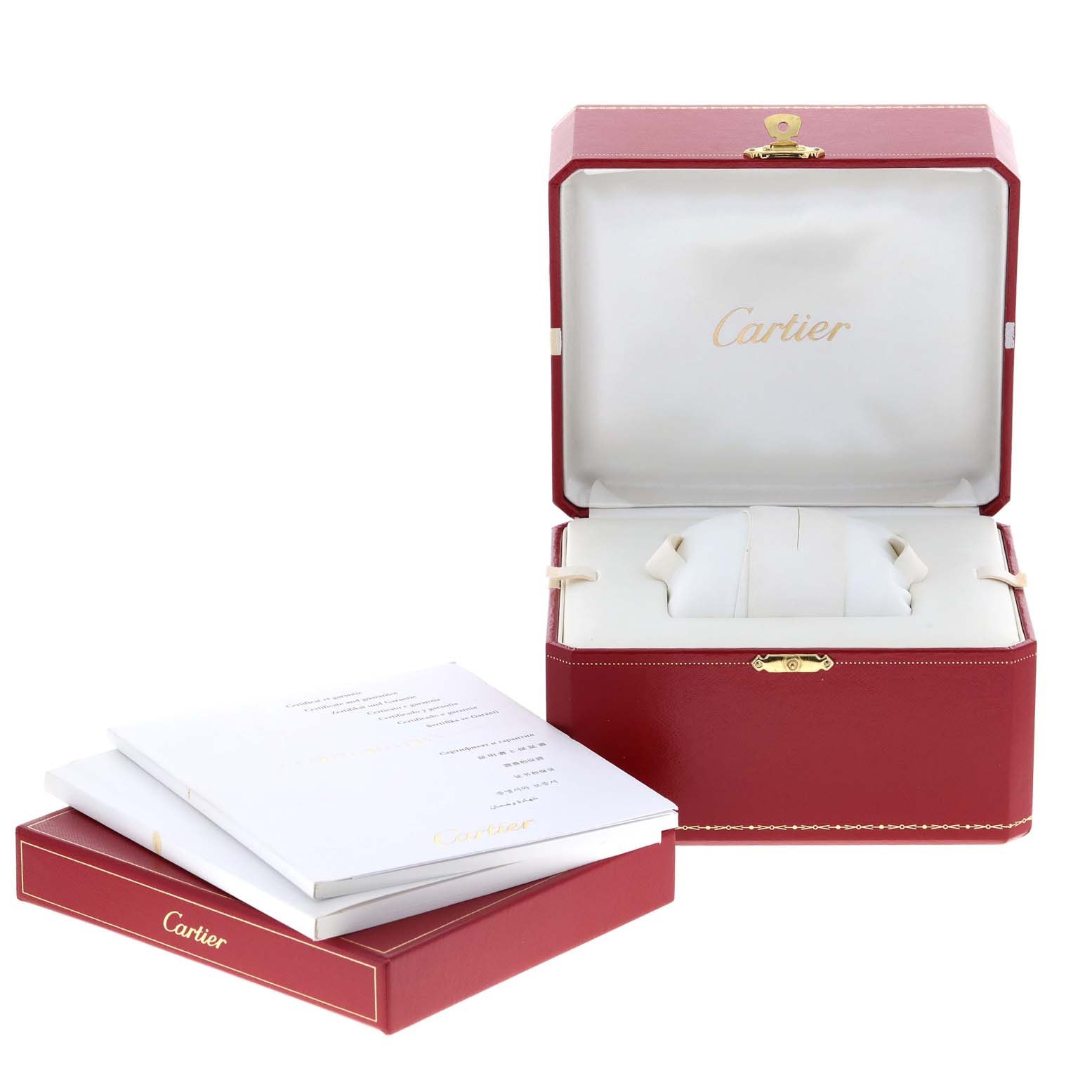 The image shows the packaging and accessories for a Cartier Roadster W62041V3 Men
s Stainless Steel Black Dial W62041V3 Men
s Stainless Steel Black Dial watch, including a red box and accompanying booklets.