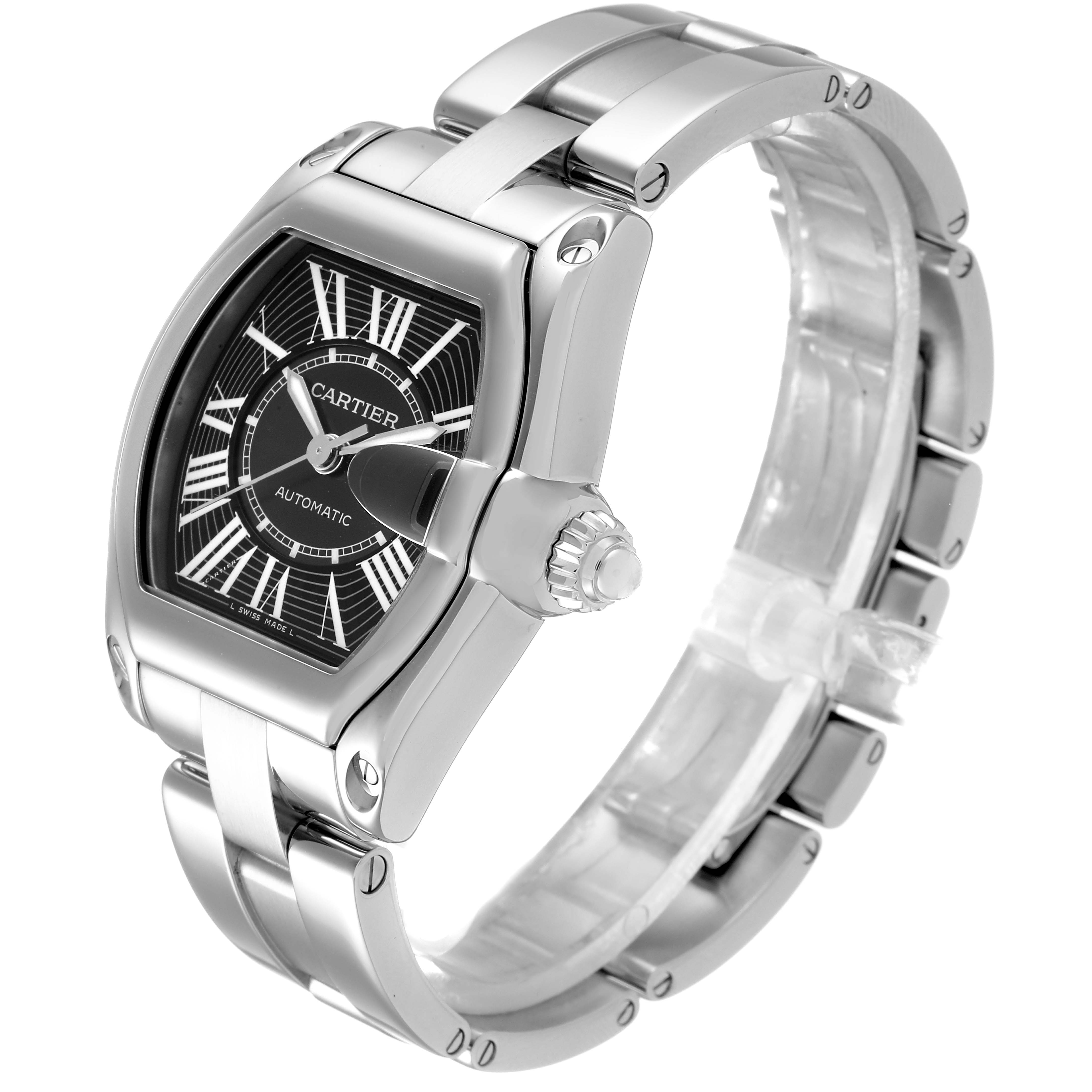 The image shows a Cartier Roadster W62041V3 Men
s Stainless Steel Black Dial W62041V3 Men
s Stainless Steel Black Dial watch at a three-quarter angle, displaying the face, bezel, crown, and part of the bracelet.