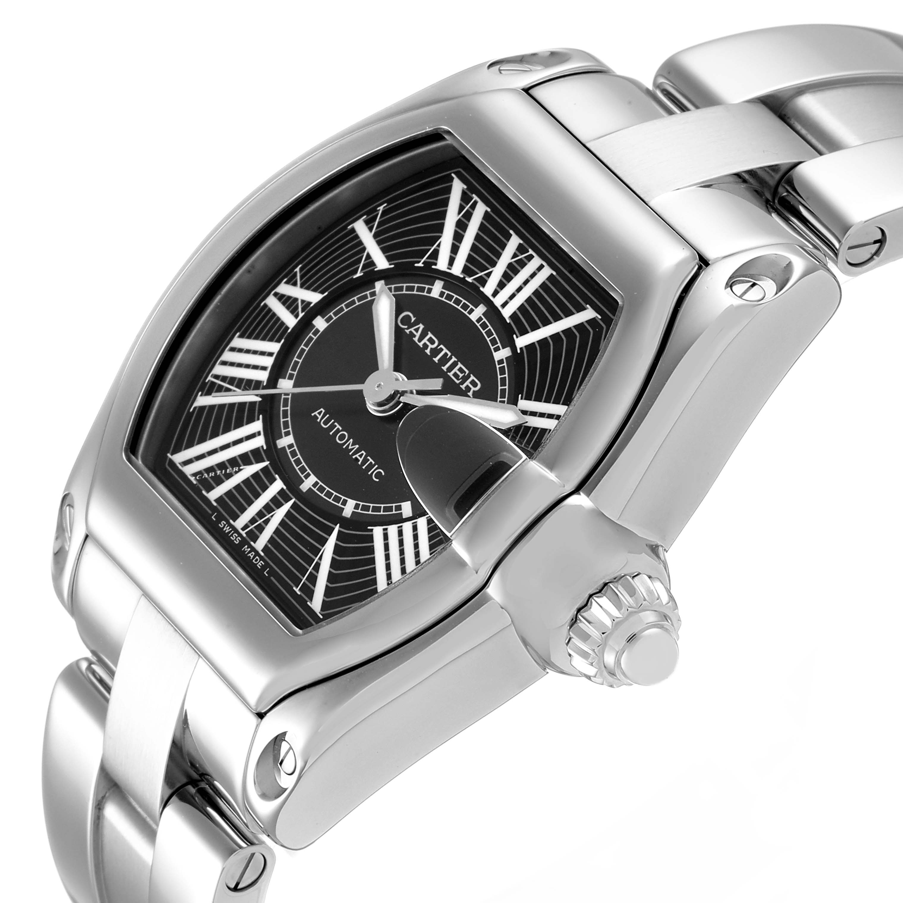 The image shows a close-up of the Cartier Roadster W62041V3 Men
s Stainless Steel Black Dial W62041V3 Men
s Stainless Steel Black Dial watch face and bracelet from an angled side view.