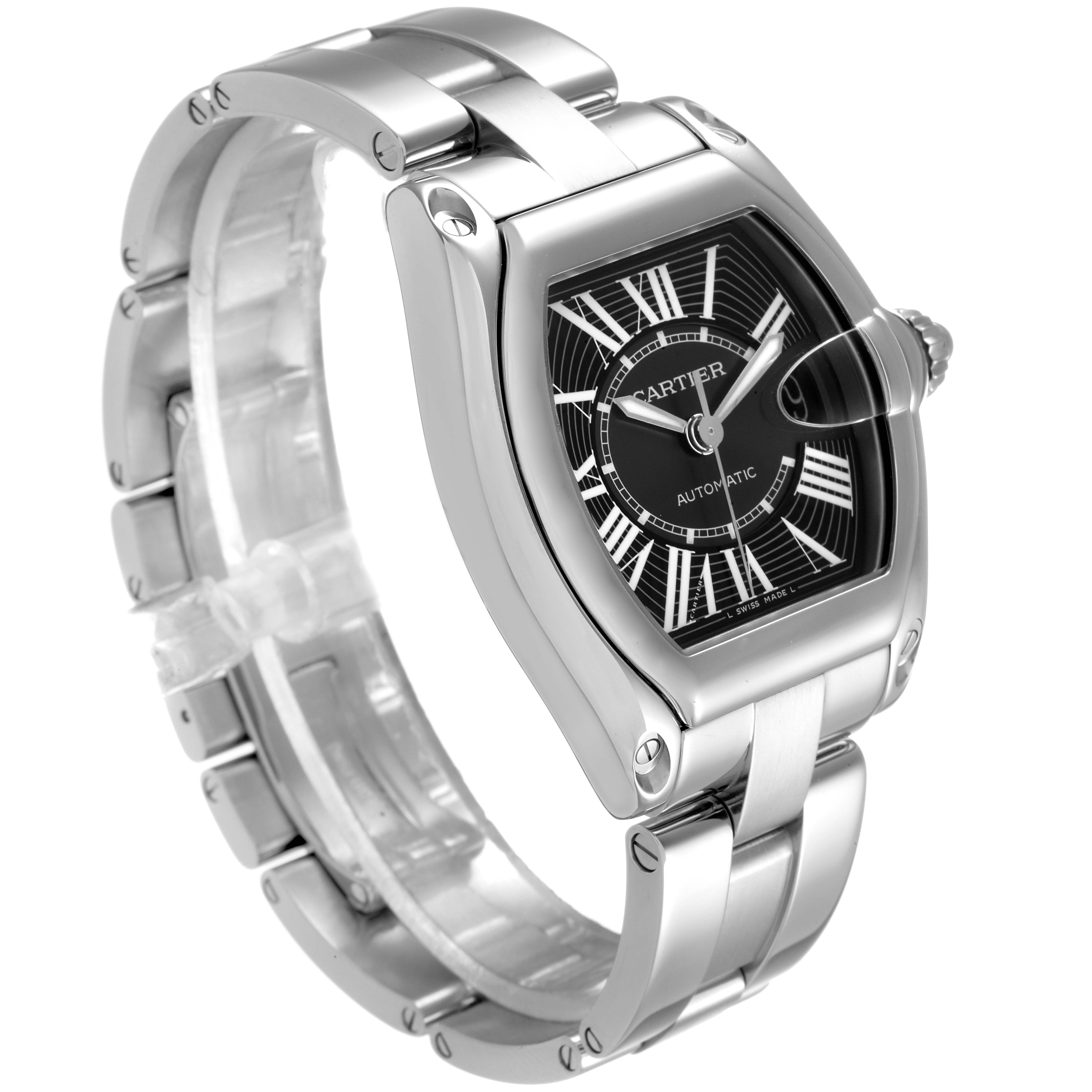 The image shows a Cartier Roadster W62041V3 Men
s Stainless Steel Black Dial W62041V3 Men
s Stainless Steel Black Dial model watch at a three-quarter angle, displaying its face, bezel, and metallic bracelet.