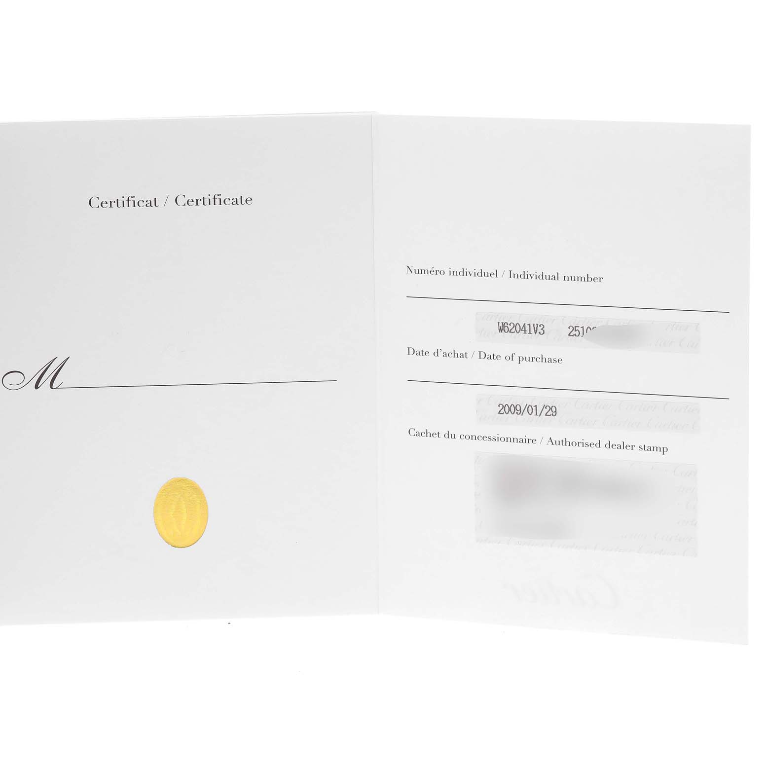The image shows an open warranty certificate card for the Roadster model by Cartier.