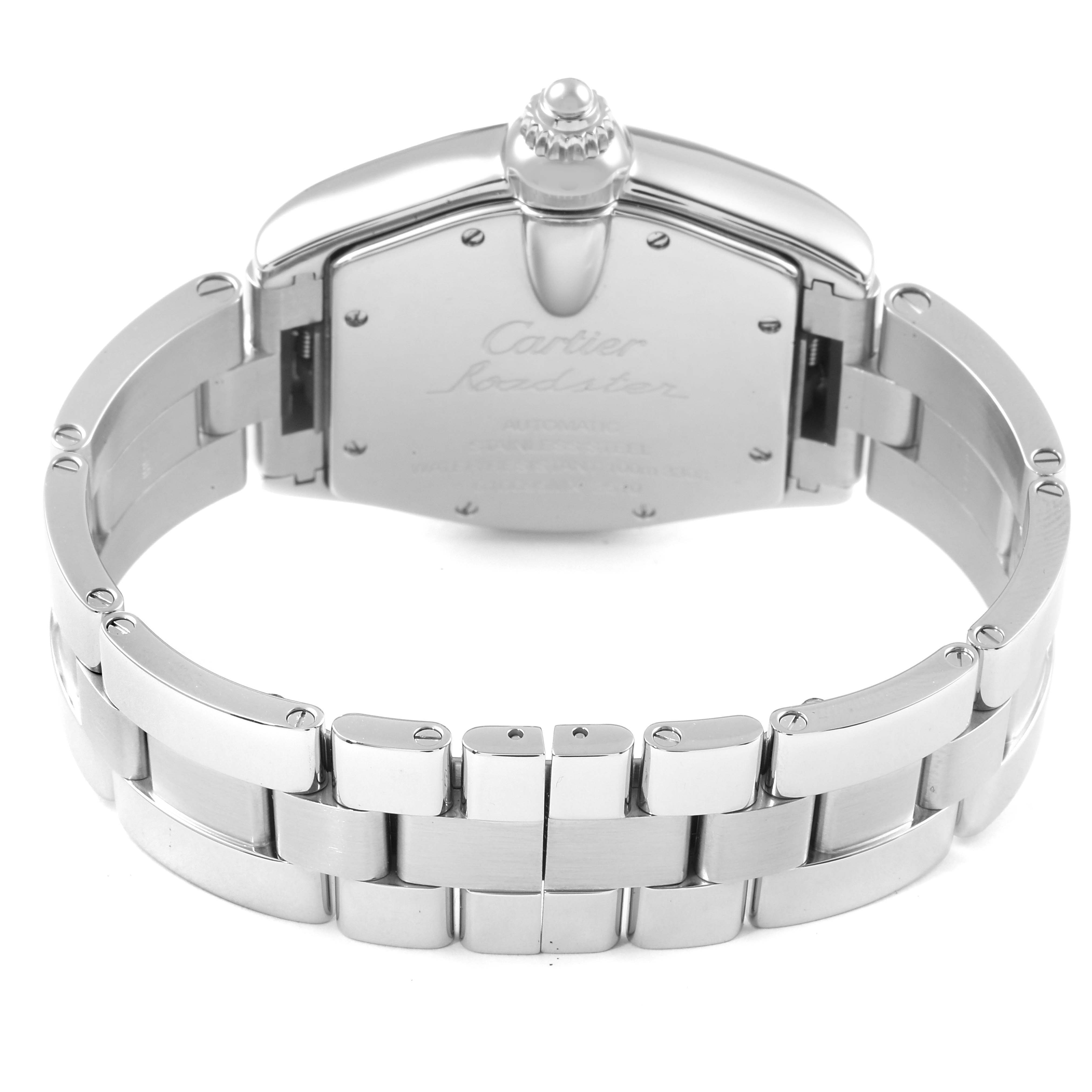 The image shows the back casing and bracelet of a Cartier Roadster W62041V3 Men
s Stainless Steel Black Dial W62041V3 Men
s Stainless Steel Black Dial watch, viewed from the rear.