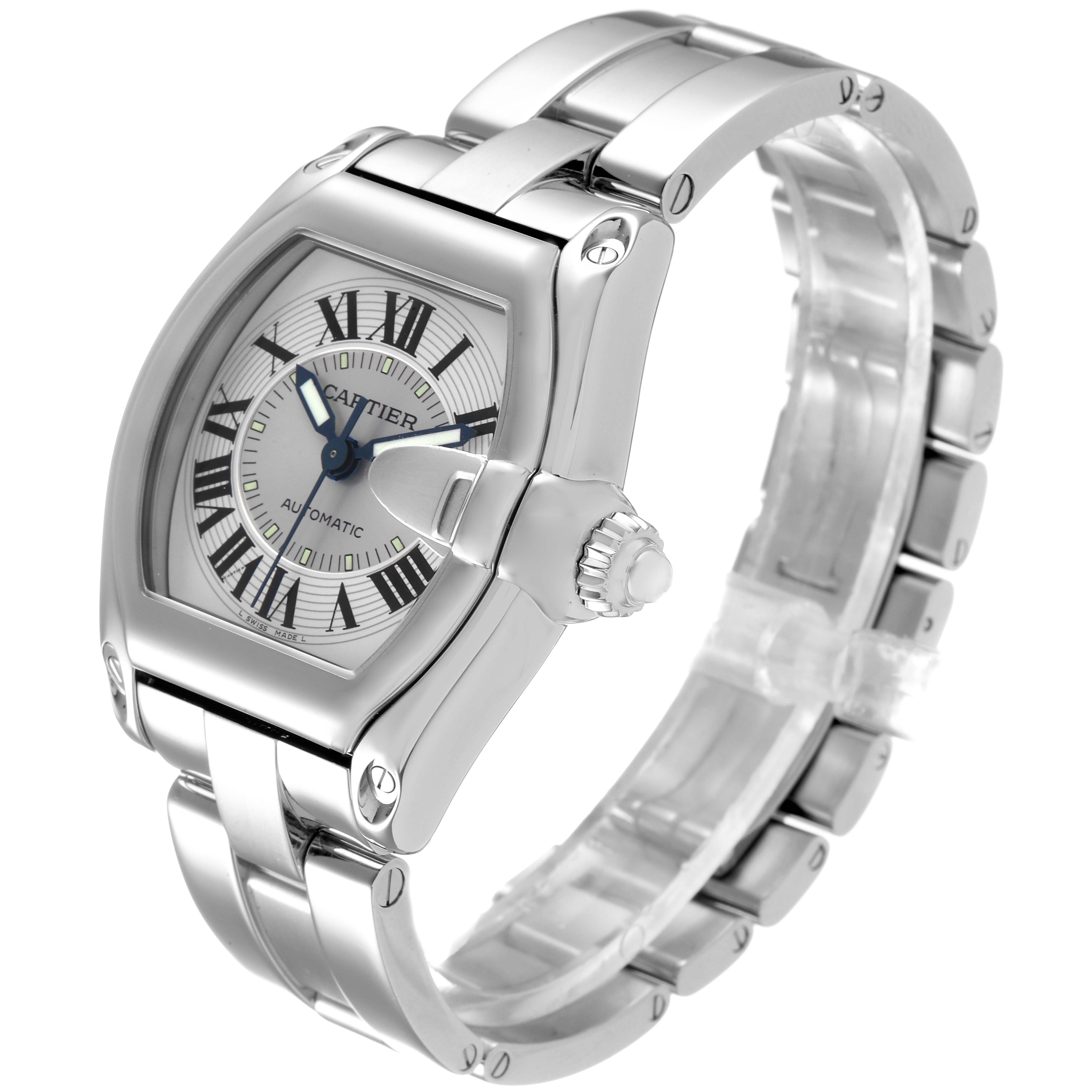 The image shows a Cartier Roadster W62000V3 Men
s Stainless Steel Silver Dial W62000V3 Men
s Stainless Steel Silver Dial watch from an angled perspective, highlighting its face, bezel, crown, and bracelet.