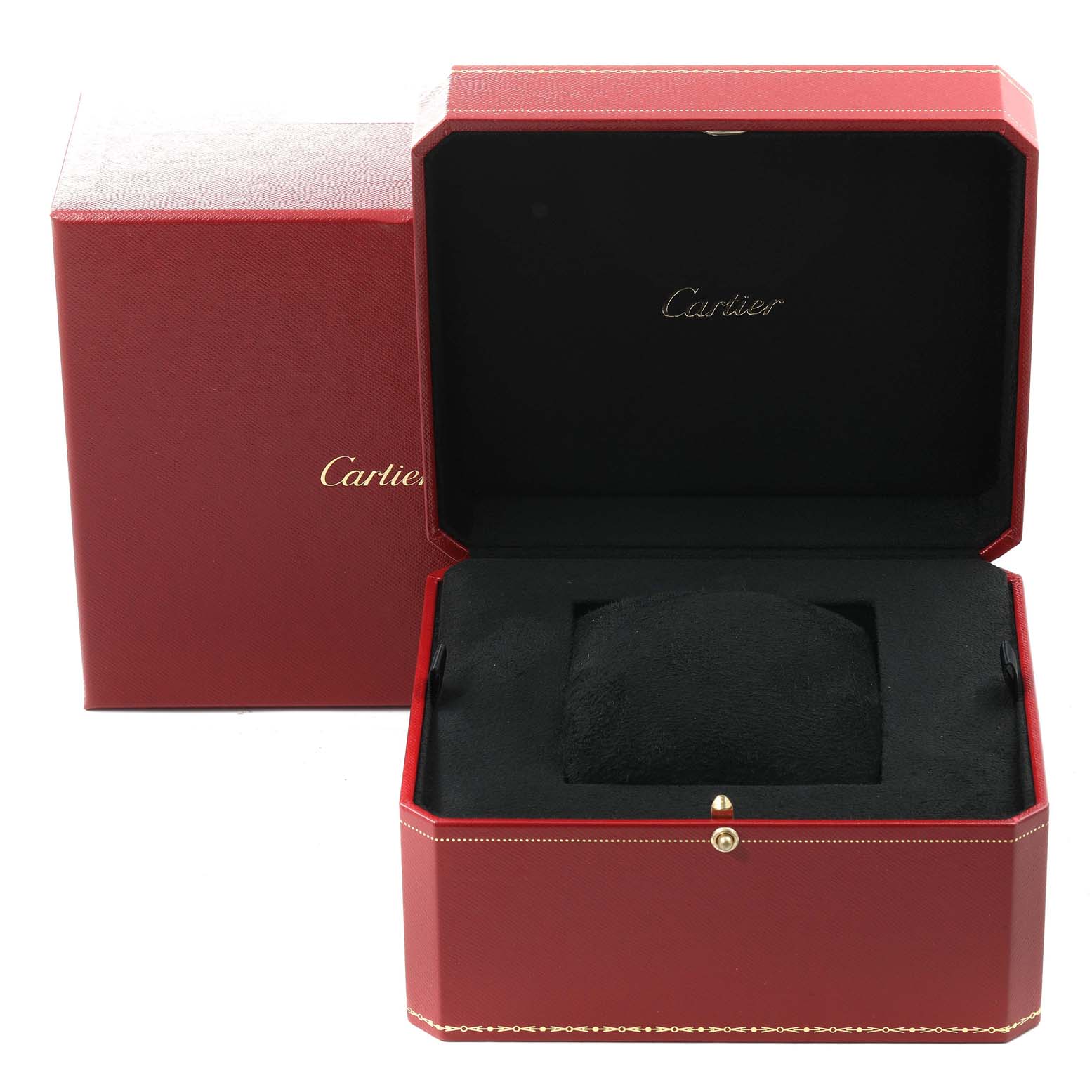 This image shows the open presentation box for the Cartier Roadster W62000V3 Men
s Stainless Steel Silver Dial W62000V3 Men
s Stainless Steel Silver Dial watch, featuring an empty black cushion inside a red case.