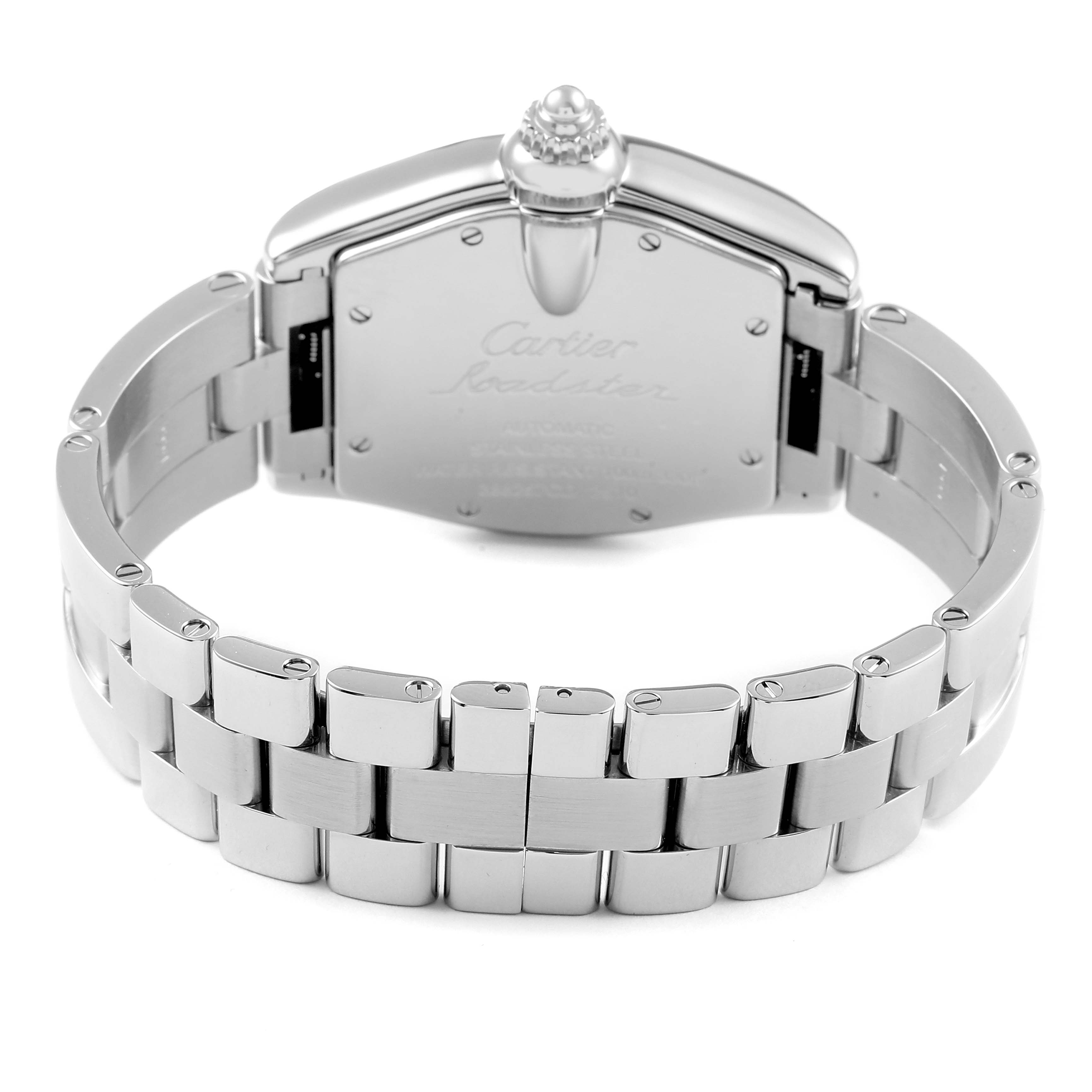 This image shows the back and bracelet of the Cartier Roadster W62000V3 Men
s Stainless Steel Silver Dial W62000V3 Men
s Stainless Steel Silver Dial watch, highlighting the case back and clasp.