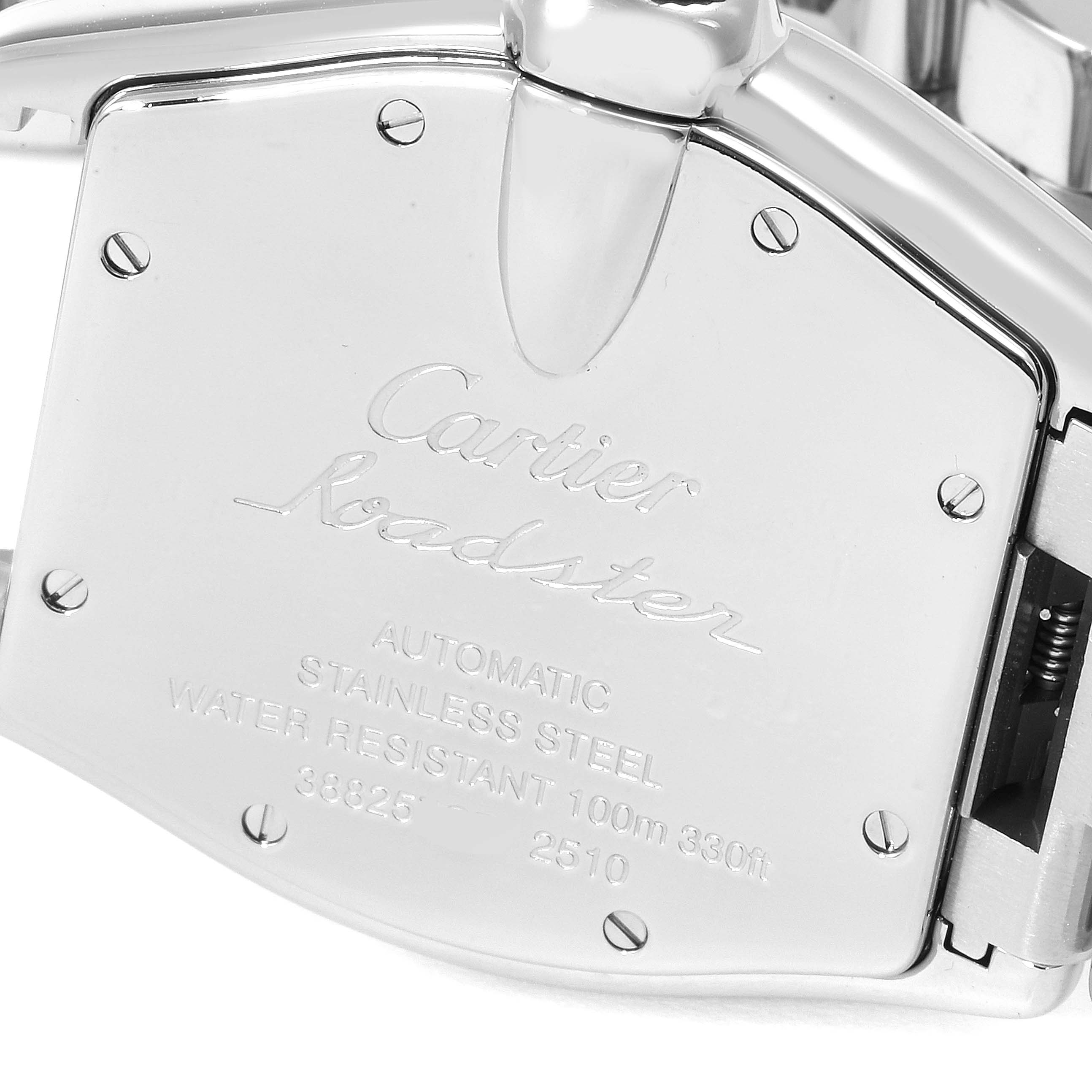 The image shows the back case of a Cartier Roadster W62000V3 Men
s Stainless Steel Silver Dial W62000V3 Men
s Stainless Steel Silver Dial watch, highlighting the model details and water resistance.