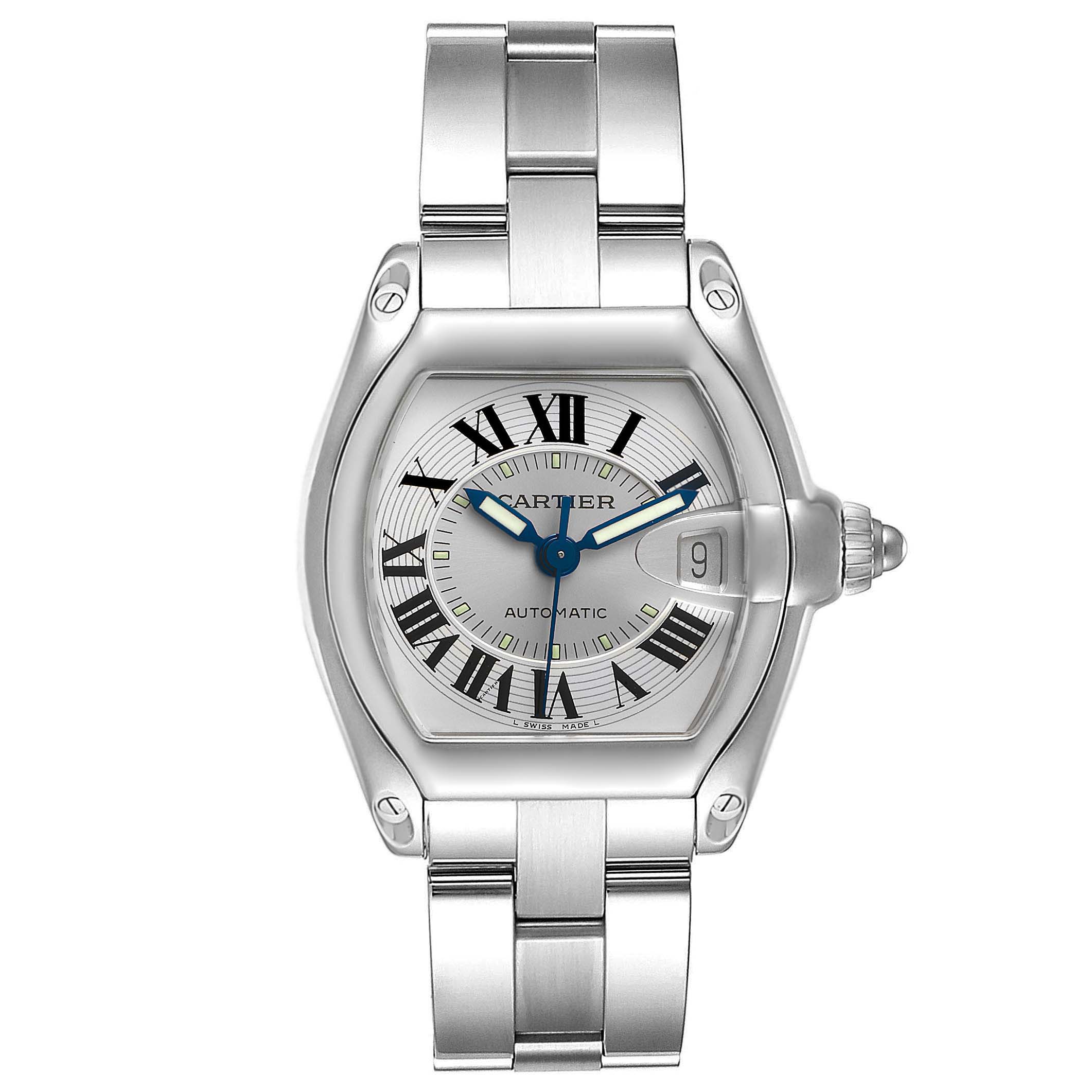 The Cartier Roadster W62000V3 Men
s Stainless Steel Silver Dial W62000V3 Men
s Stainless Steel Silver Dial watch is shown from a front angle, displaying its face, bezel, and stainless steel bracelet.